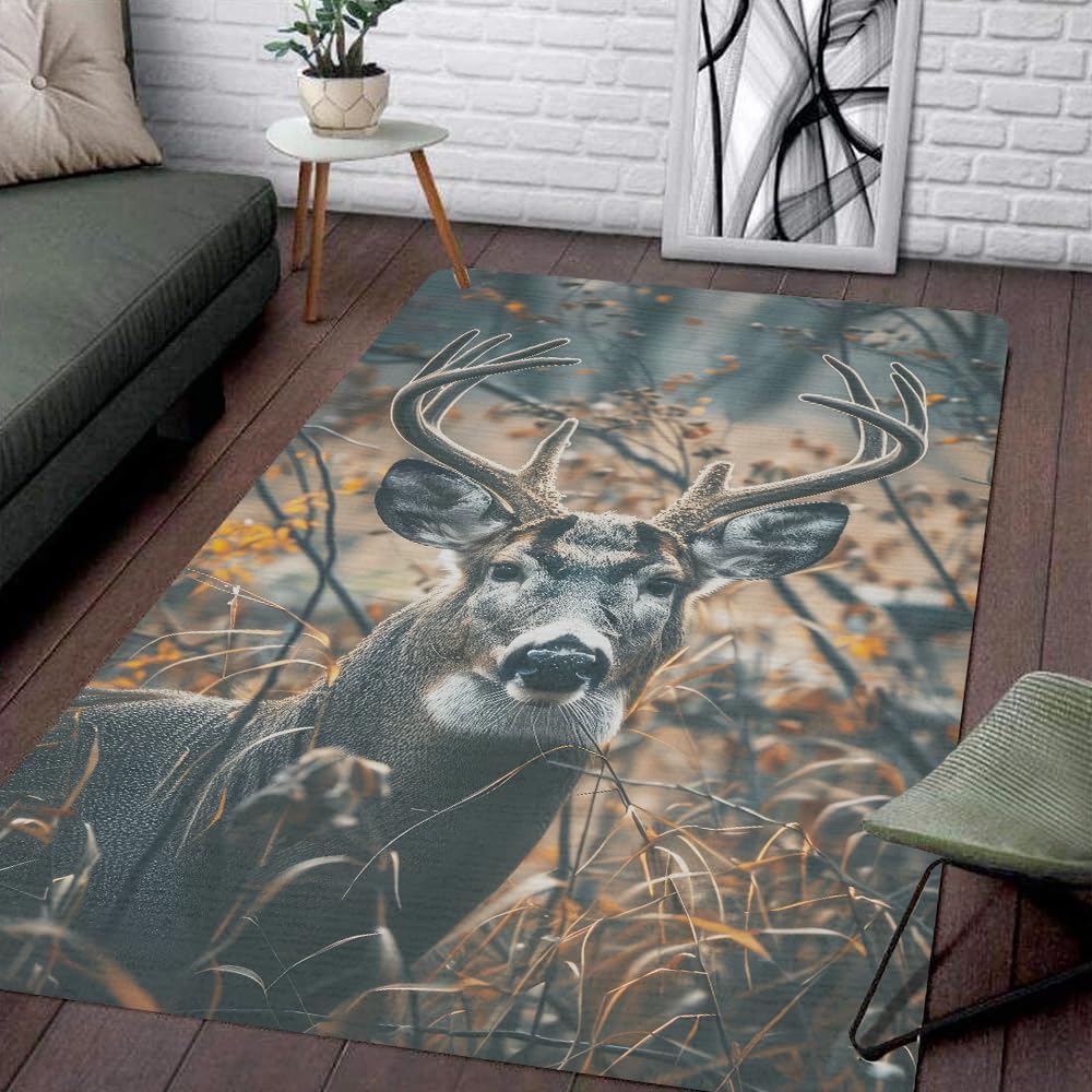 Deer Rugs for Bedroom Living Room – Vintage Hunting & Wildlife-Themed Area Rug Soft Non-Slip Washable Deer Runner Rugs for Home Decor, Camo Carpet for Bathroom Gift Ideas for Men Hunters