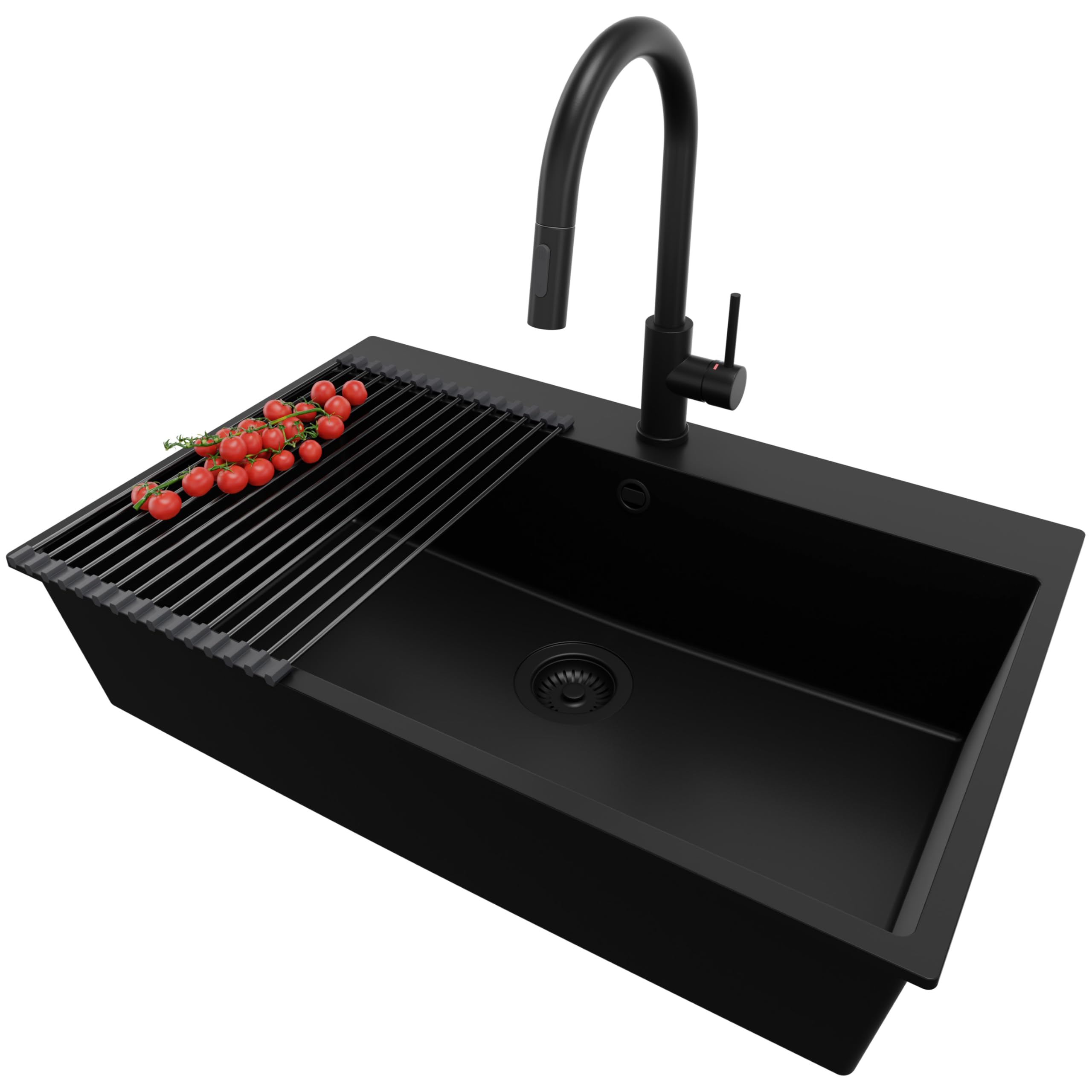 PRIMAGRAN Lavandino da Cucina Tutto Nero 78x50cm, Lavello in Granito a 1 vasca + Rubinetto 40x20cm + Set di accessori, Lavabo da Cucina Incasso al Mobile 80cm - Riga S483