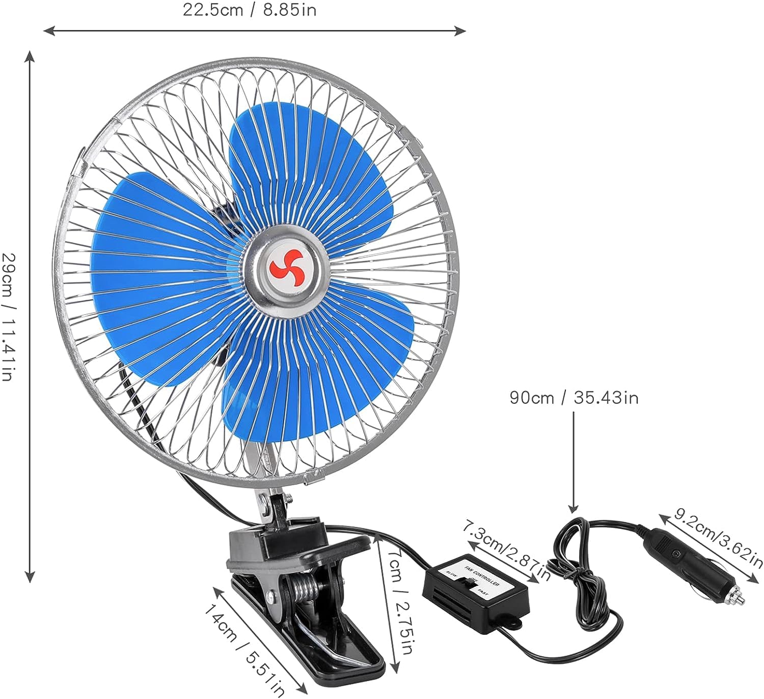 Generico Ventilatore Auto a Clip 12V 8" Ventola di Raffreddamento per Auto Ventola 360° velocità Continua Ventola di Raffreddamento Automatico a Basso Rumore per Veicoli