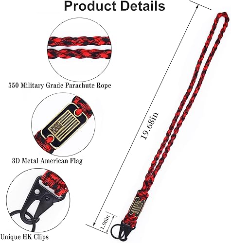 Miniatura 3 de Heavy Duty Braided Paracord Lanyard Keychain with USA Flag, Parachute Rope Necklace Keychains, Braided Strong Lanyard with Metal HK Clip Key Ring