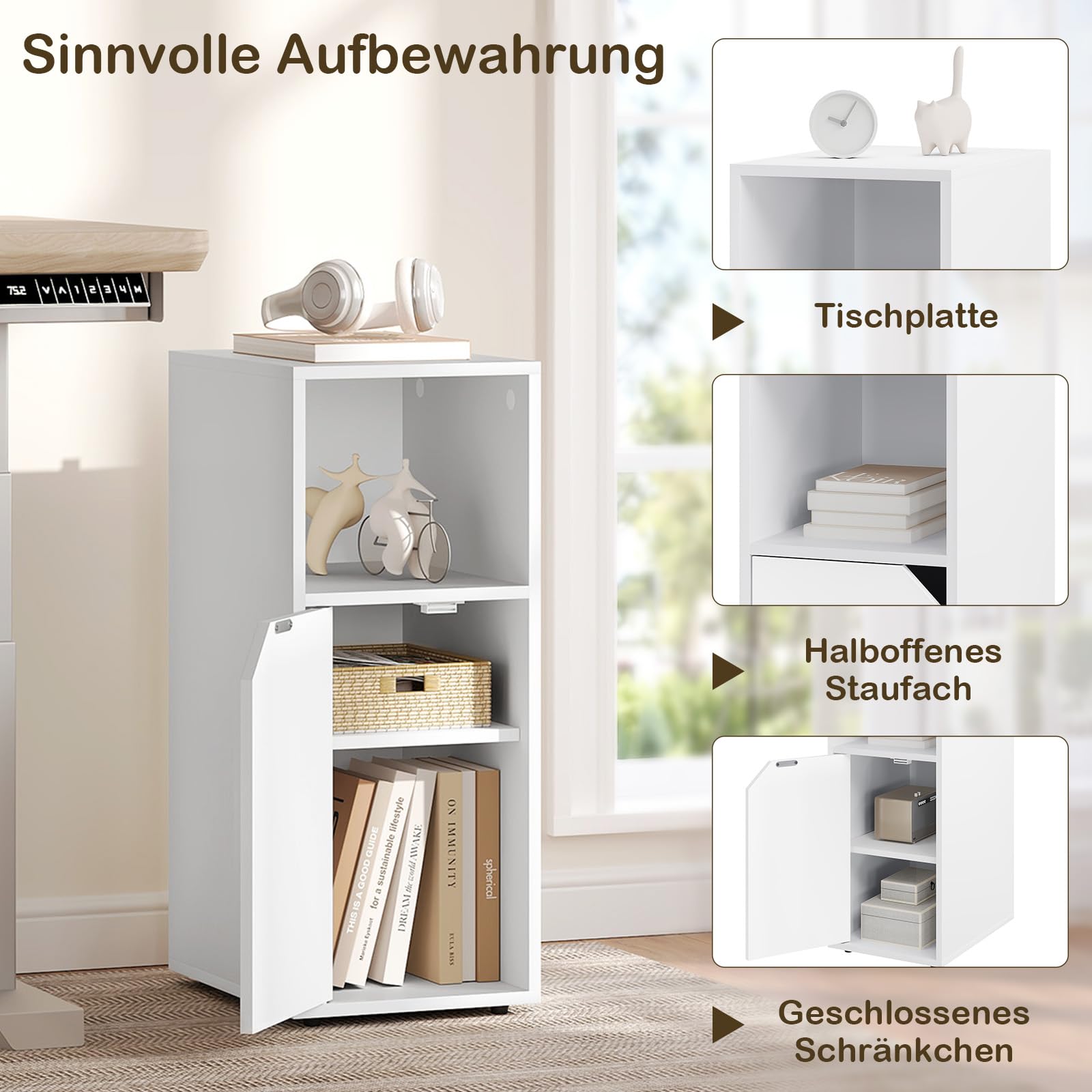 WOLTU Nachttisch schmal, Beistelltisch mit offenem Fach und Tür, Verstellbarer Ablage, 25x62x35 cm, Nachtschrank Bett, Nachtkästchen Nachtkommode modern, für Schlafzimmer, Weiß, NTS16ws