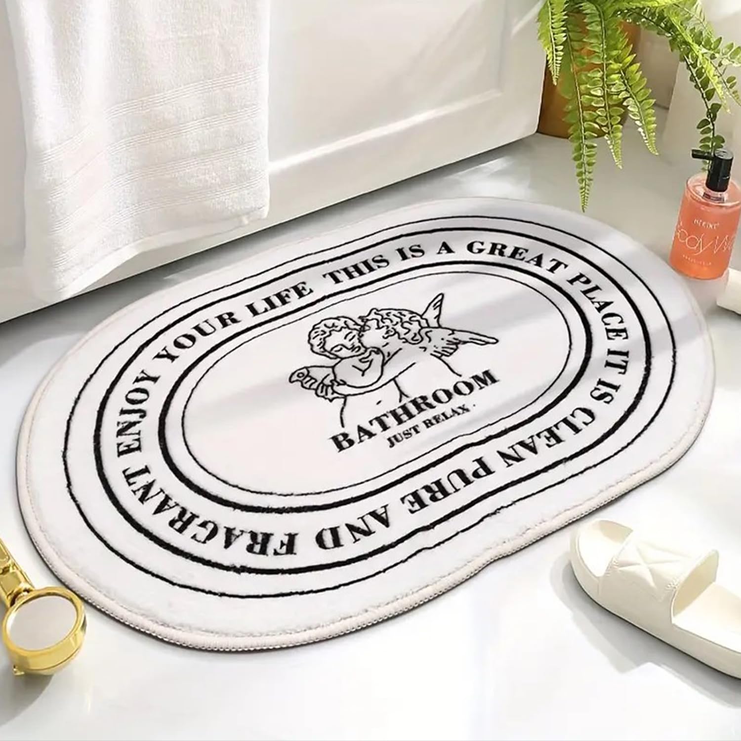 Black White Bathroom Rugs, Angel Bath mat, 19.7x31.5inch Cute Bathroom Rugs, Bathroom Decor Plush Bathmat Carpets, Simple Style and Absorbent Microfiber Bath Rugs