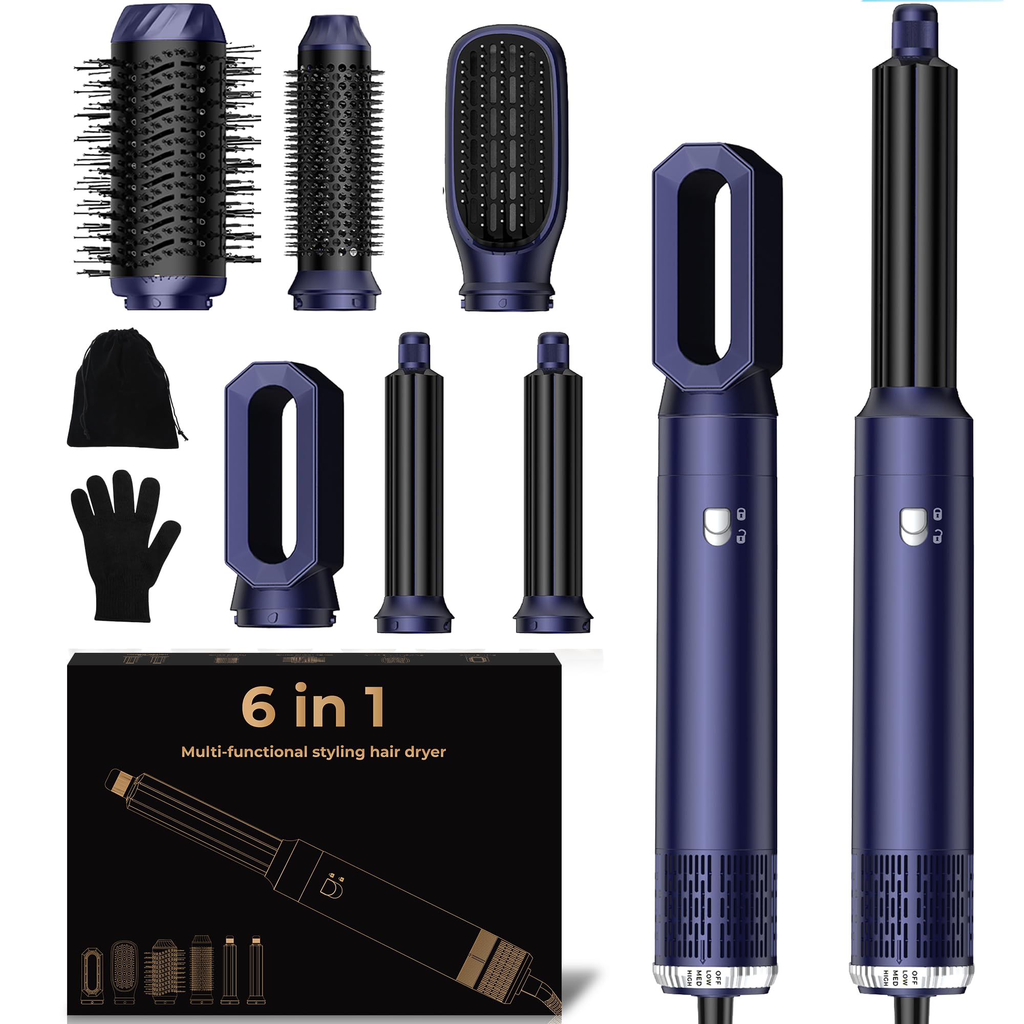 6 in 1 Haarstyler & Haar Föhn mit Automatischer Lockenstab Wrap, Haartrockner, Thermal Brush, Warmluftbürste, Haarglätter, Multistyler Geschenkset zum Frauen Locken, Glätten, Volumen, Styling