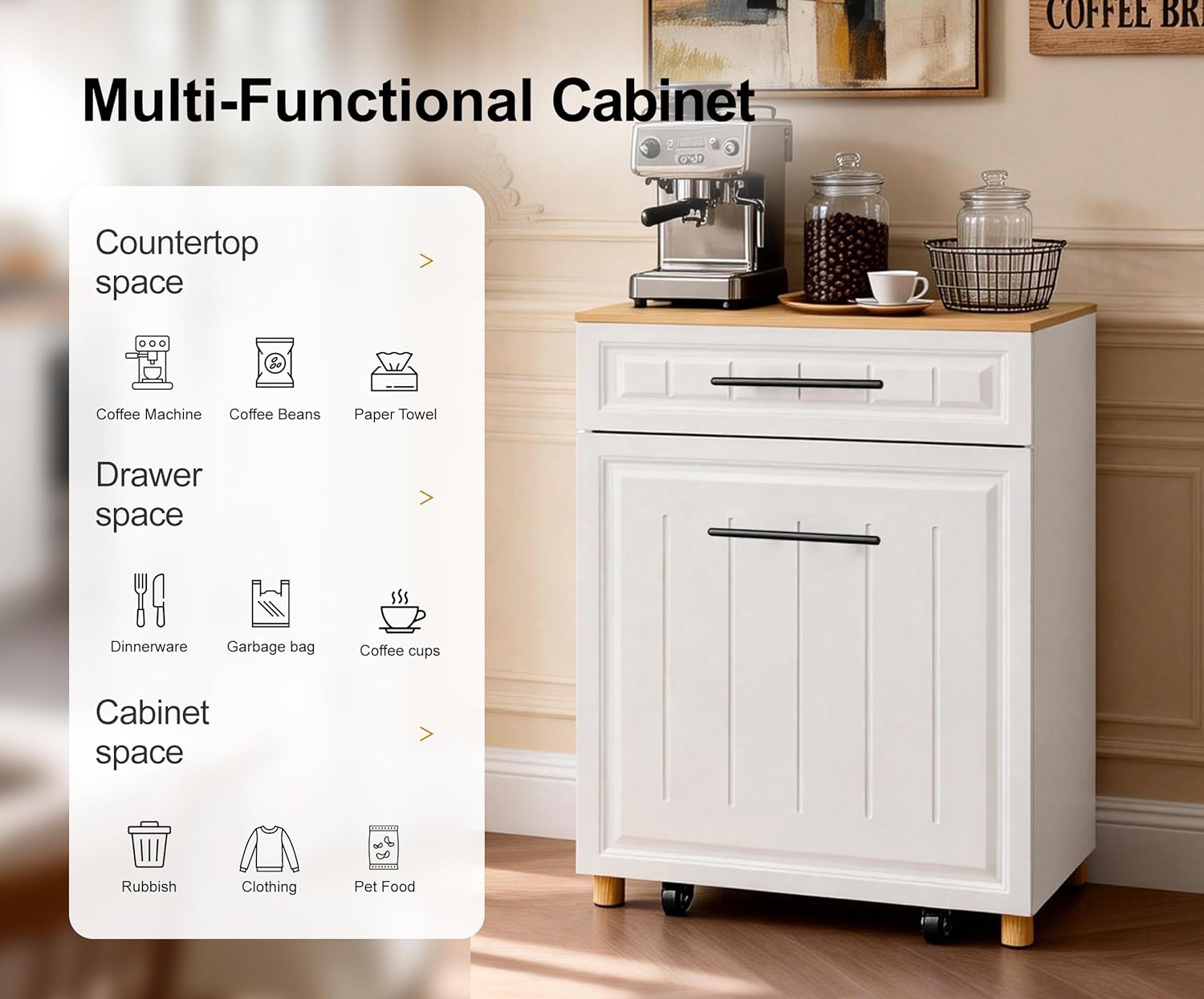 ZIFTY Double Pull Out Trash Can Cabinet for 2×10 Gallon Bins, Pet Proof Hidden Trash Bin Cabinet with Drawer, Freestanding Wooden Garbage Recycling & Laundry Hamper for Kitchen, Laundry, Living Room