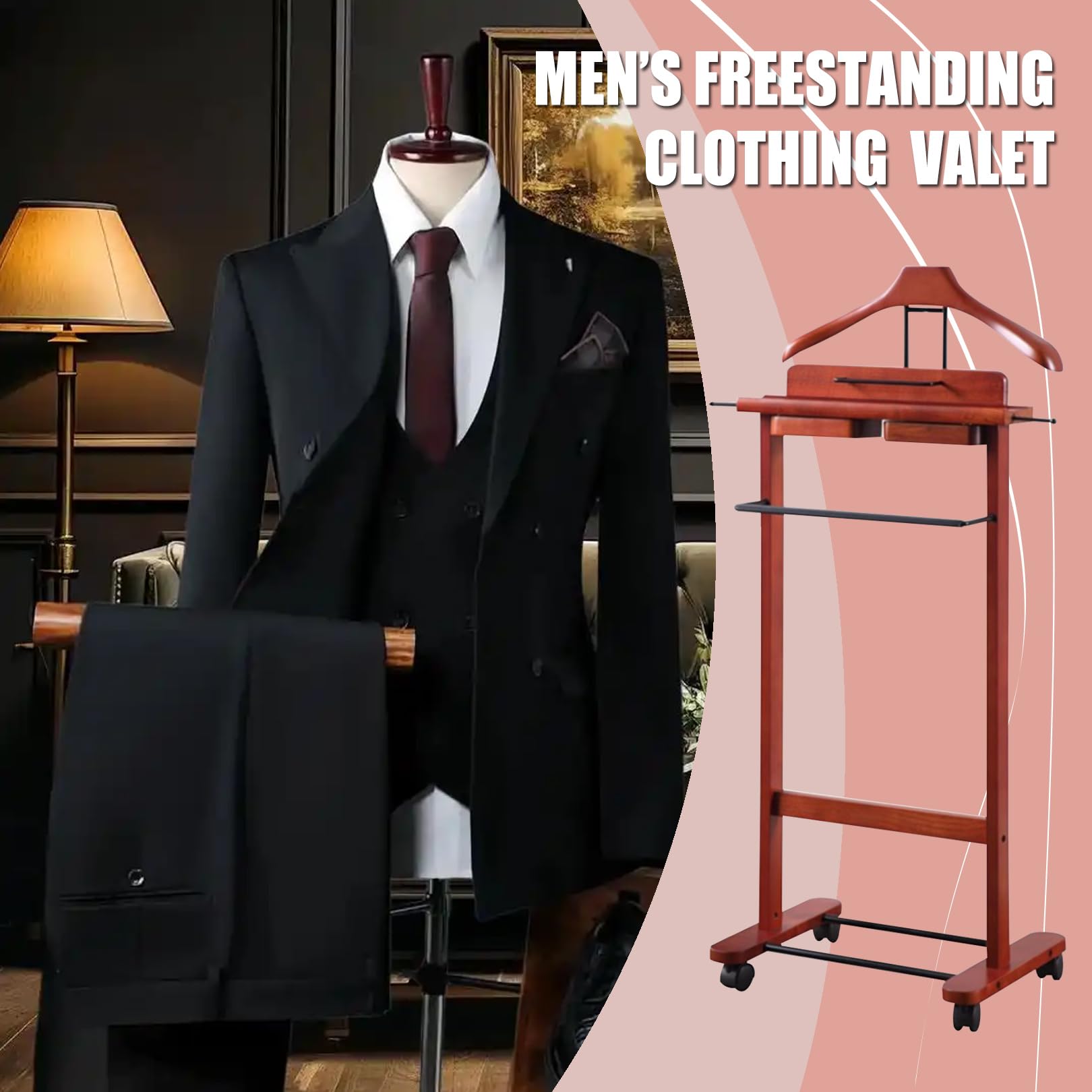 259138 Support de valet autonome en bois massif avec porte-pantalons et porte-cravate, solution de rangement élégante pour chambre à coucher/bureau, parfait pour les accessoires pour hommes, 259138