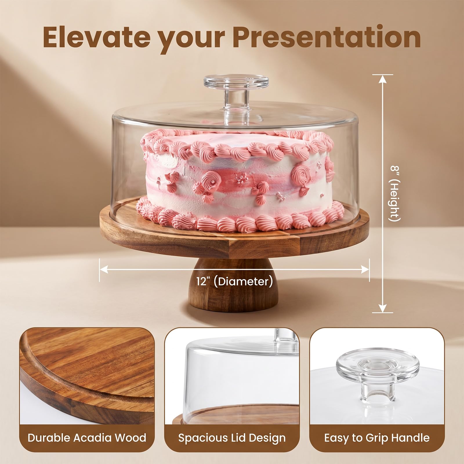 Présentoir à gâteau 2 en 1 en bois de 30,5 cm avec couvercle