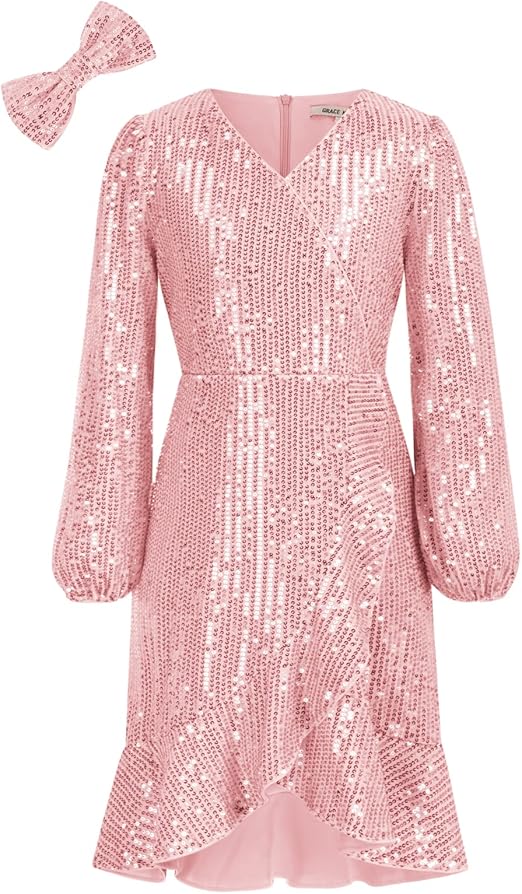 GRACE KARIN Girls Sequin Dress Long Sleeve Party Dress with Hair Bow 6-12Y