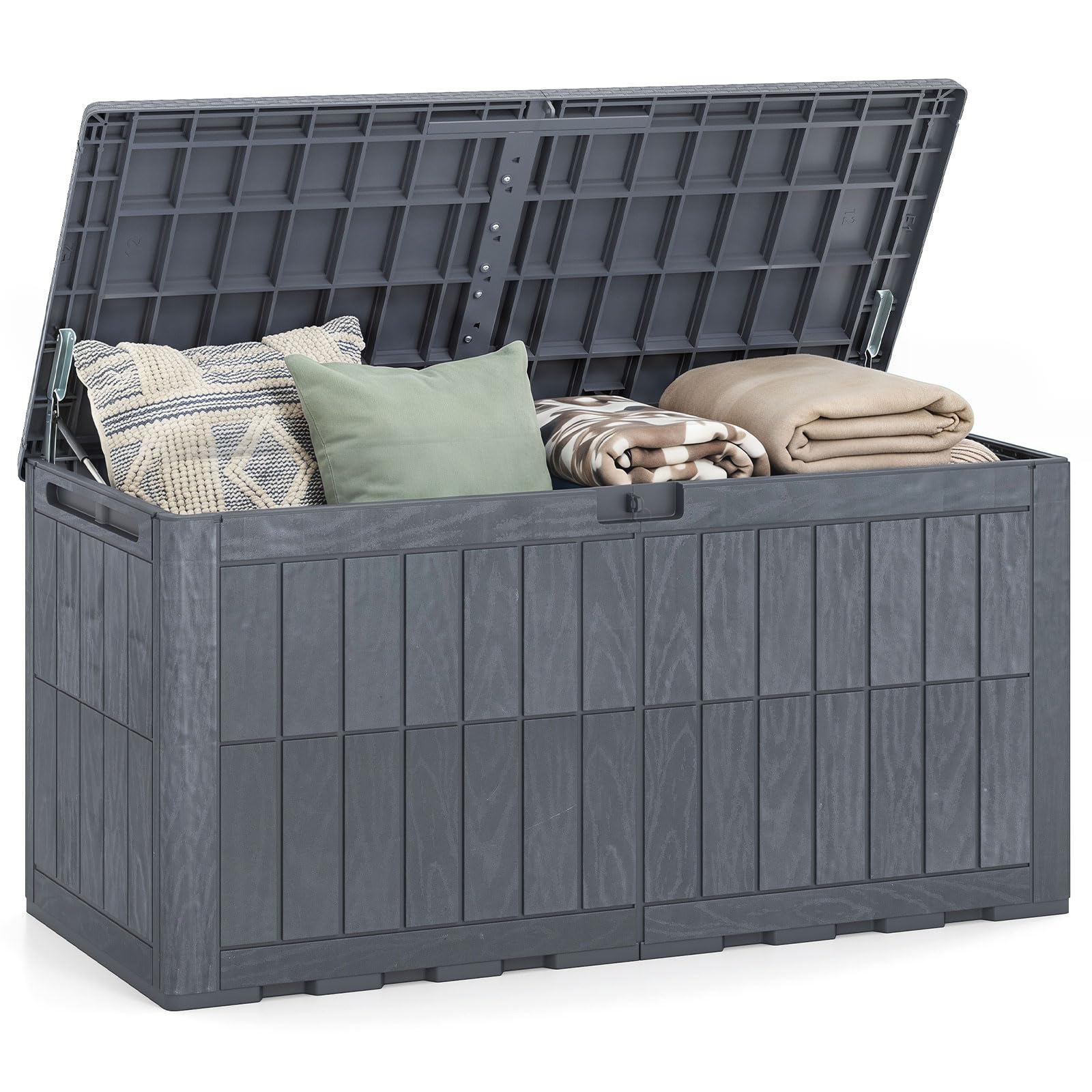 COSTWAY Gartenbox Outdoor mit abschließbarem Deckel (Grau,455 L) | Aufbewahrungsbox mit Gasdruckfedern & Griffen, wetterfeste Auflagenbox Kissenbox für Garten, Terrasse & Balkon