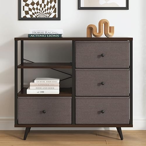 Miniatura 2 de soges Cómoda de tela de 4 cajones unidad organizadora de almacenamiento de 3 niveles gabinete de marco de metal con 4 cajones y estantes de