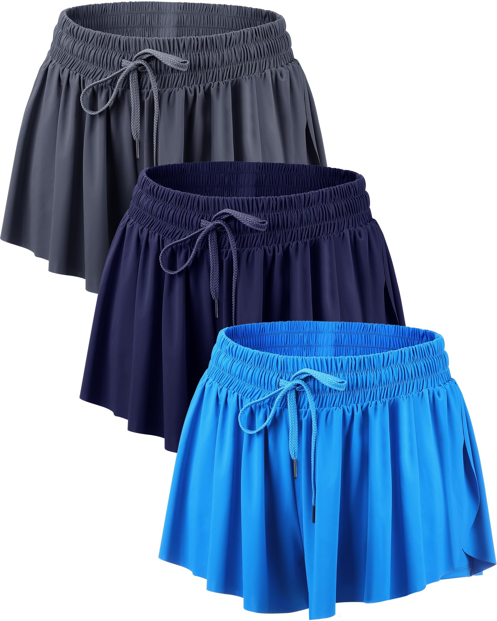 Didaey3 Pcs Flowy Shorts for Women 2 in 1 Butterfly Shorts with Pockets Spandex Liner Athletic Workout Shorts