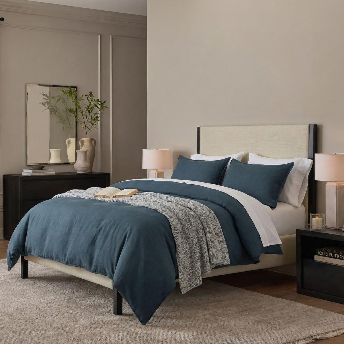 DAUAOTO Linen Blend Queen Size Duvet Cover Set - 92"x88" Duvet Cover + 2 Shams, 55% Linen 45% Cotton Bedding Sets, Peacock/Teal