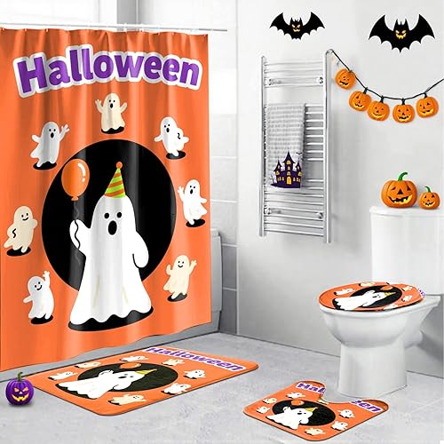 Miniatura 16 de Juego de 4 cortinas de ducha de Halloween, juego de baño de Halloween con cortina de ducha y alfombras, cubierta de tapa de inodoro, cortina de