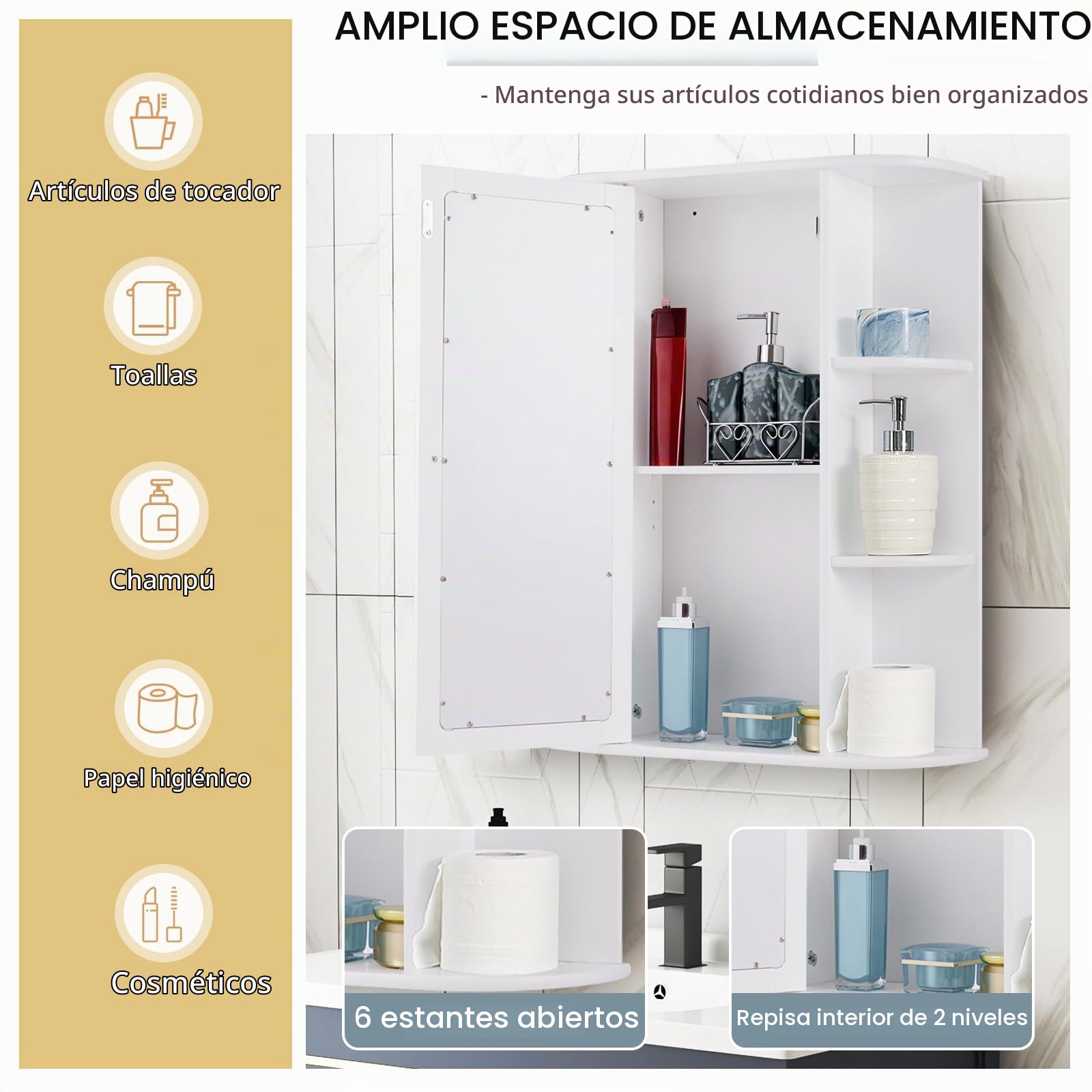 LIFEZEAL Armario de Pared con Espejo de Baño, Mueble de Almacenamiento con 6 Compartimentos Abiertos y Estante Ajustable, Armario Montado en Pared con Puerta para Salón, Cocina, Dormitorio (Blanco)