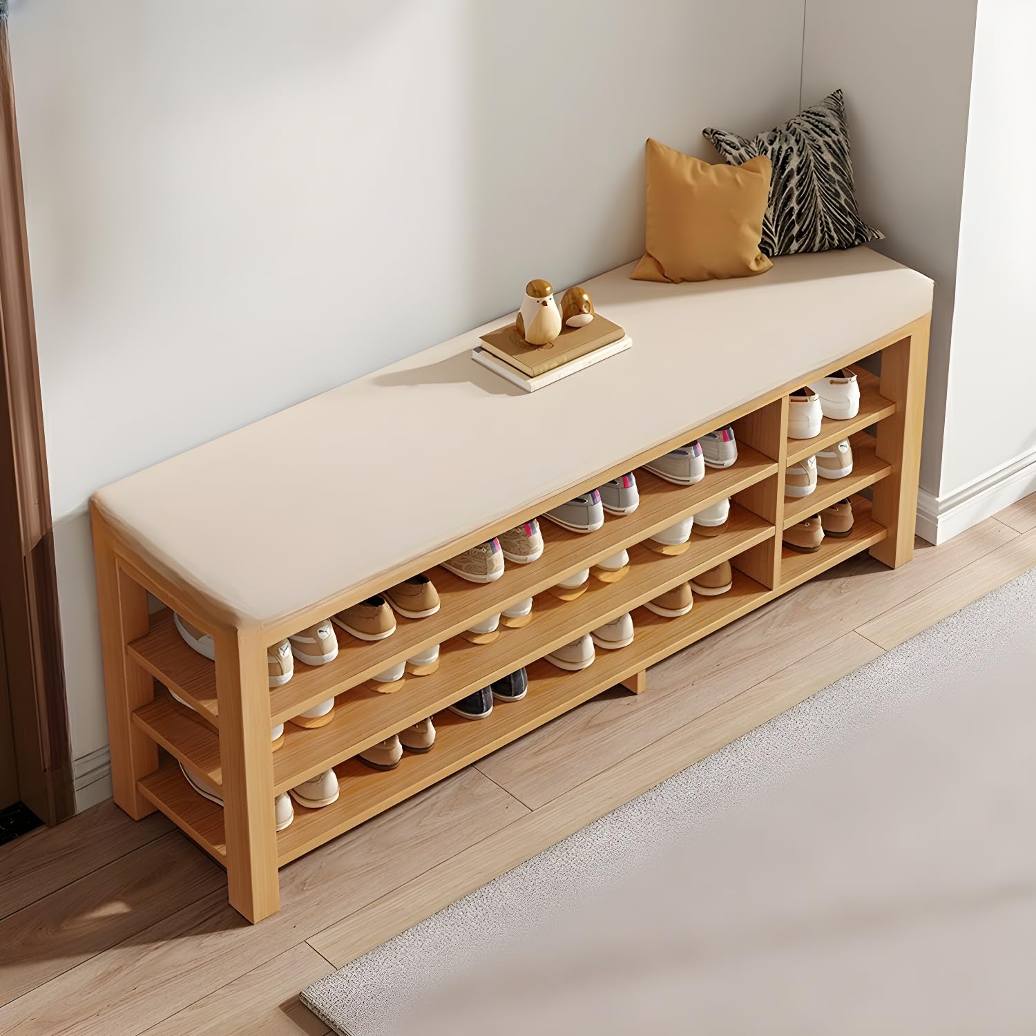 KLGFBDC Entryway Bench with Shoe Rack - Cushioned Wood Storage Bench for Hallway and Mudroom - Functional and Stylish Design