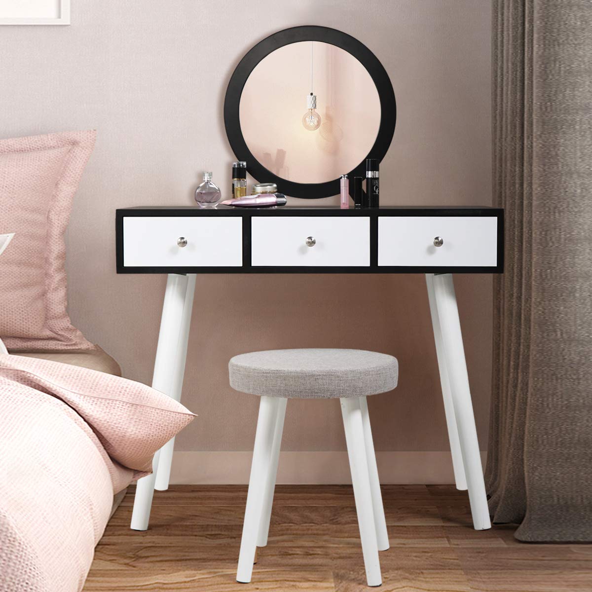 Buy JAXSUNNY Makeup Vanity Table Dressing Desk with Round Mirror