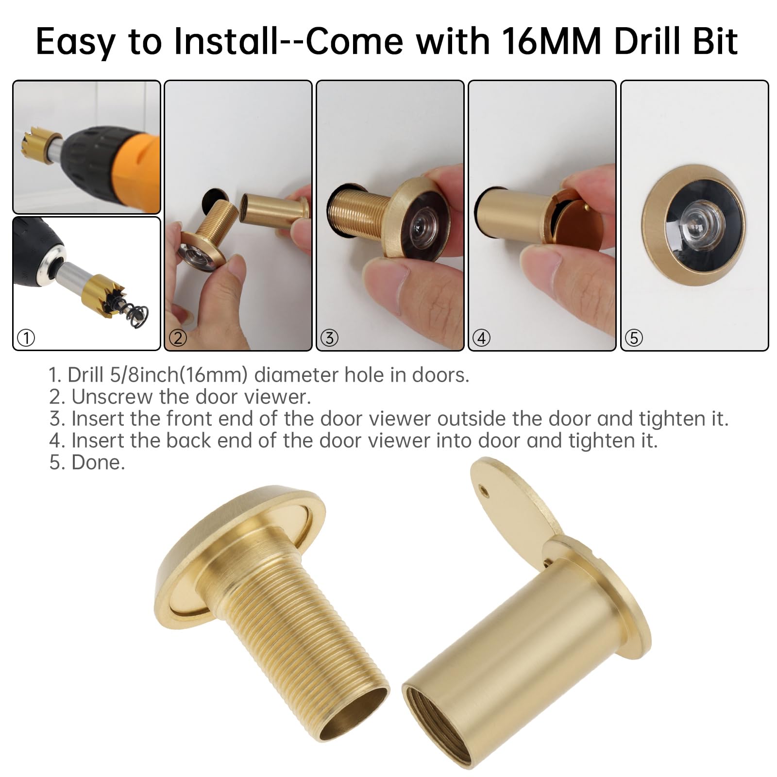Spioncino per porte, spioncino in ottone a 200 gradi con diametro di 16 mm e copertura per la privacy per porte da 35 a 55 mm (oro)