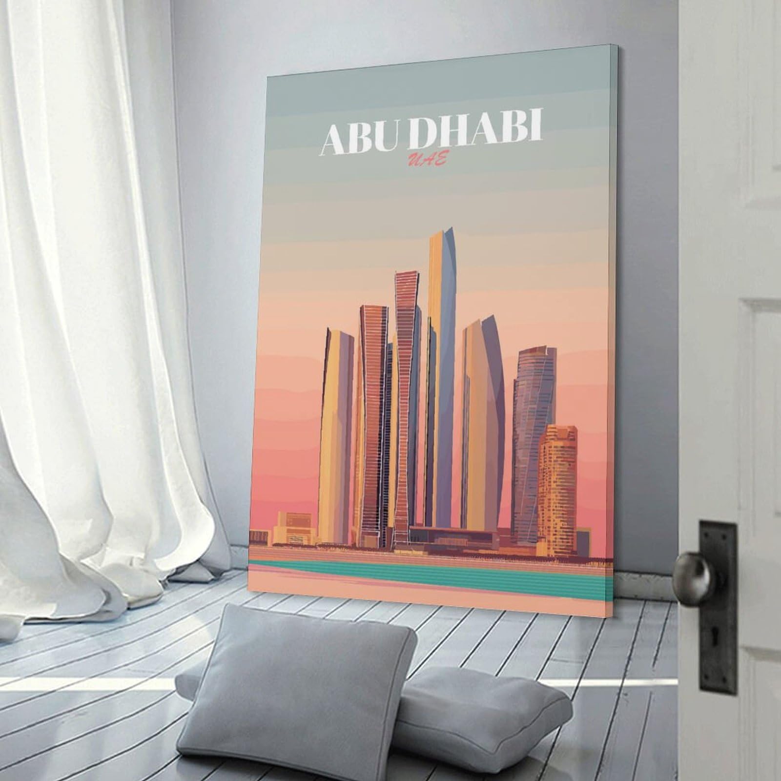 Junmoney Canvas Wall Decor Abu Dhabi Skyline Vector Illustration, 20x30inch(50x75cm), for Restful Interiors, Bedrooms Or Small Rooms, Canvas Wall Decor for Personal Spaces