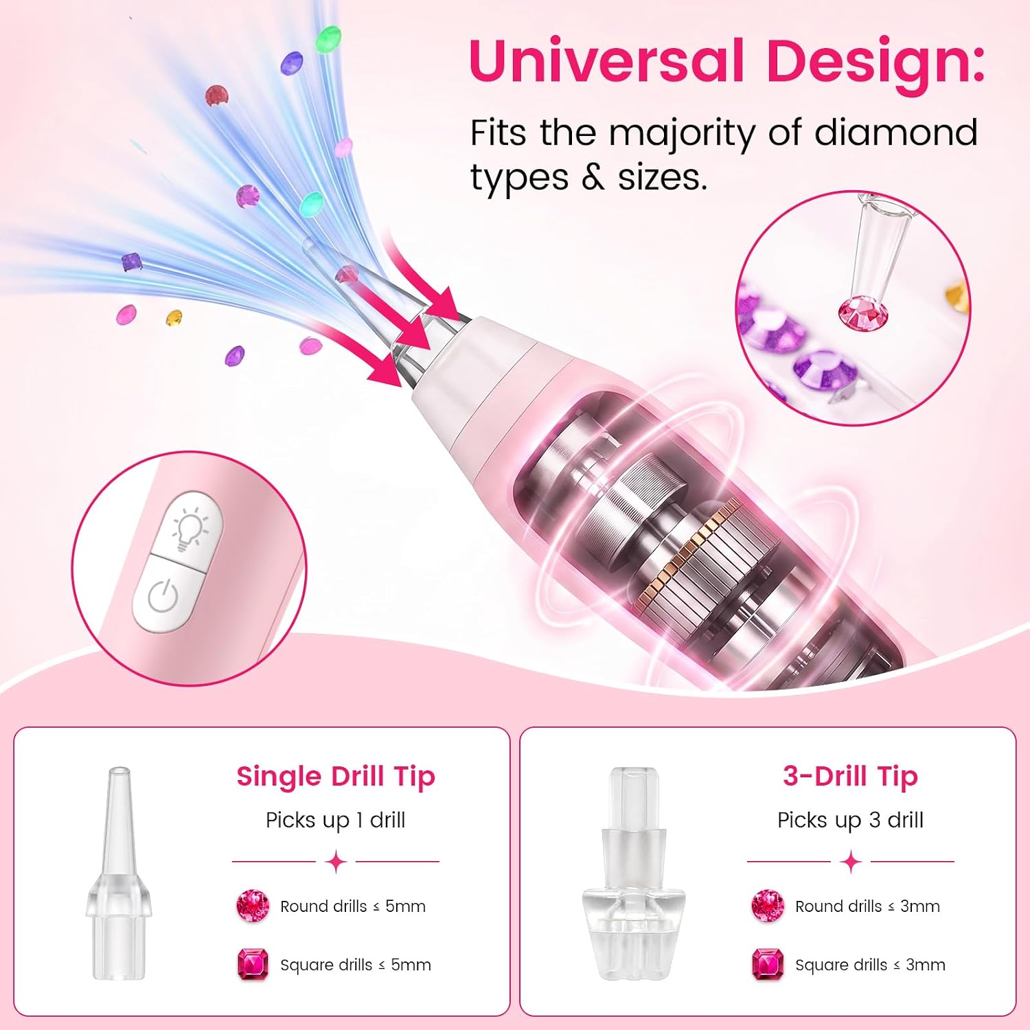 Electric Diamond Art Vacuum Pen with Light, 3 Suction Modes, Cordless