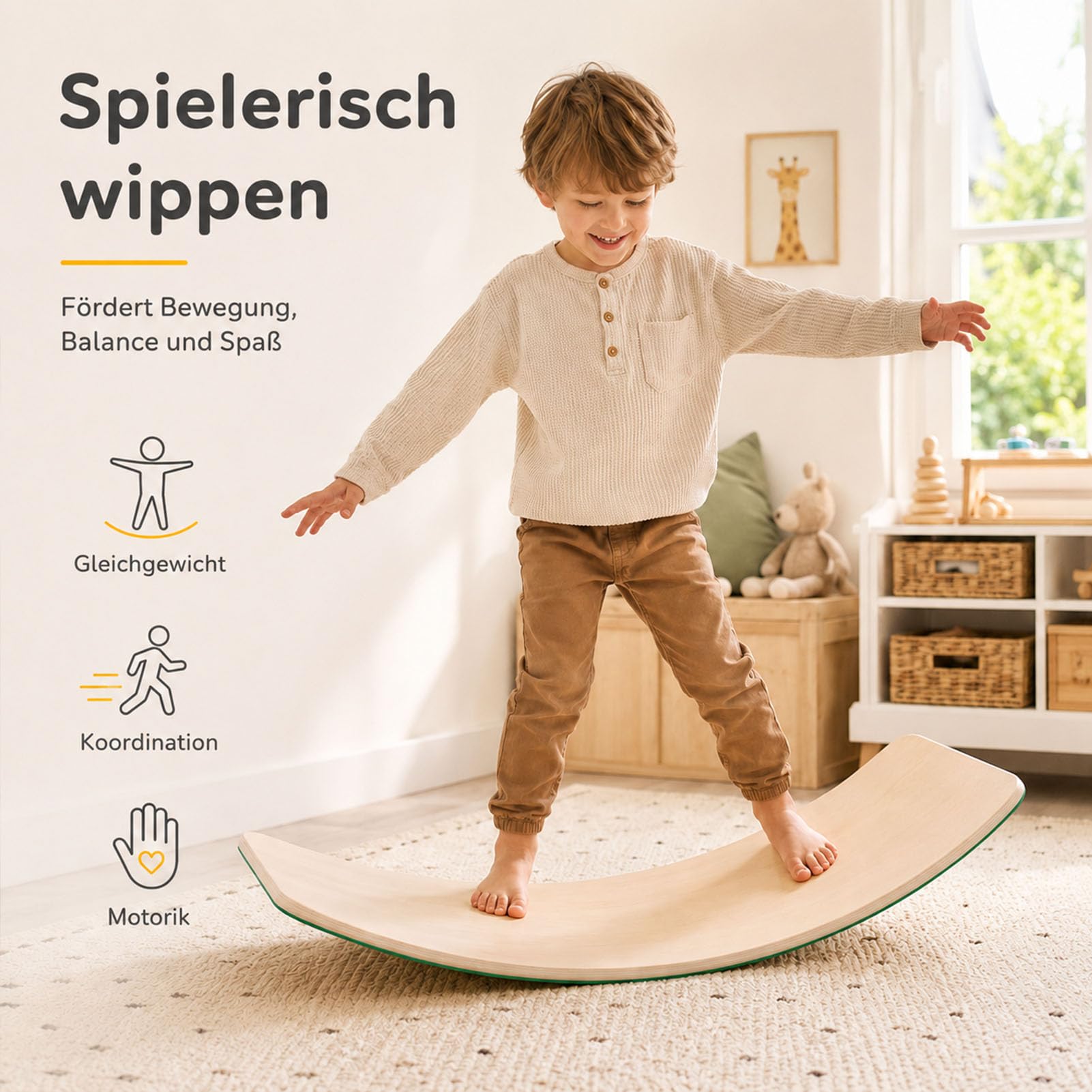 Balance Board Kinder aus Holz in Naturfarbe, Wackelbrett und Schaukelbrett, Balancebrett als Wippe für Kinder und Erwachsene bis 200 kg, für Motorik, Gleichgewicht, Balancierbrett