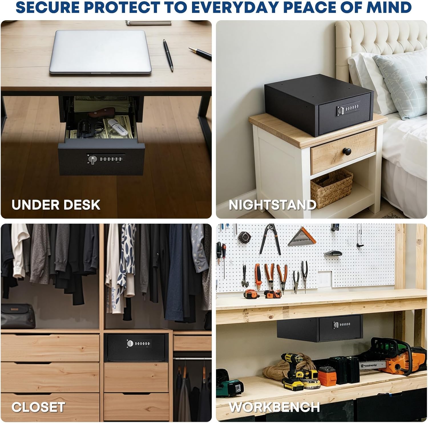 POCHAR Under Desk Gun Safe with Electronic Keypad & Key Lock - Steel Slide-Out Handgun Safe Storage Drawer for Home, Office, Garage, Car - Quick Access Hidden Gun Vault for Pistol & Valuables