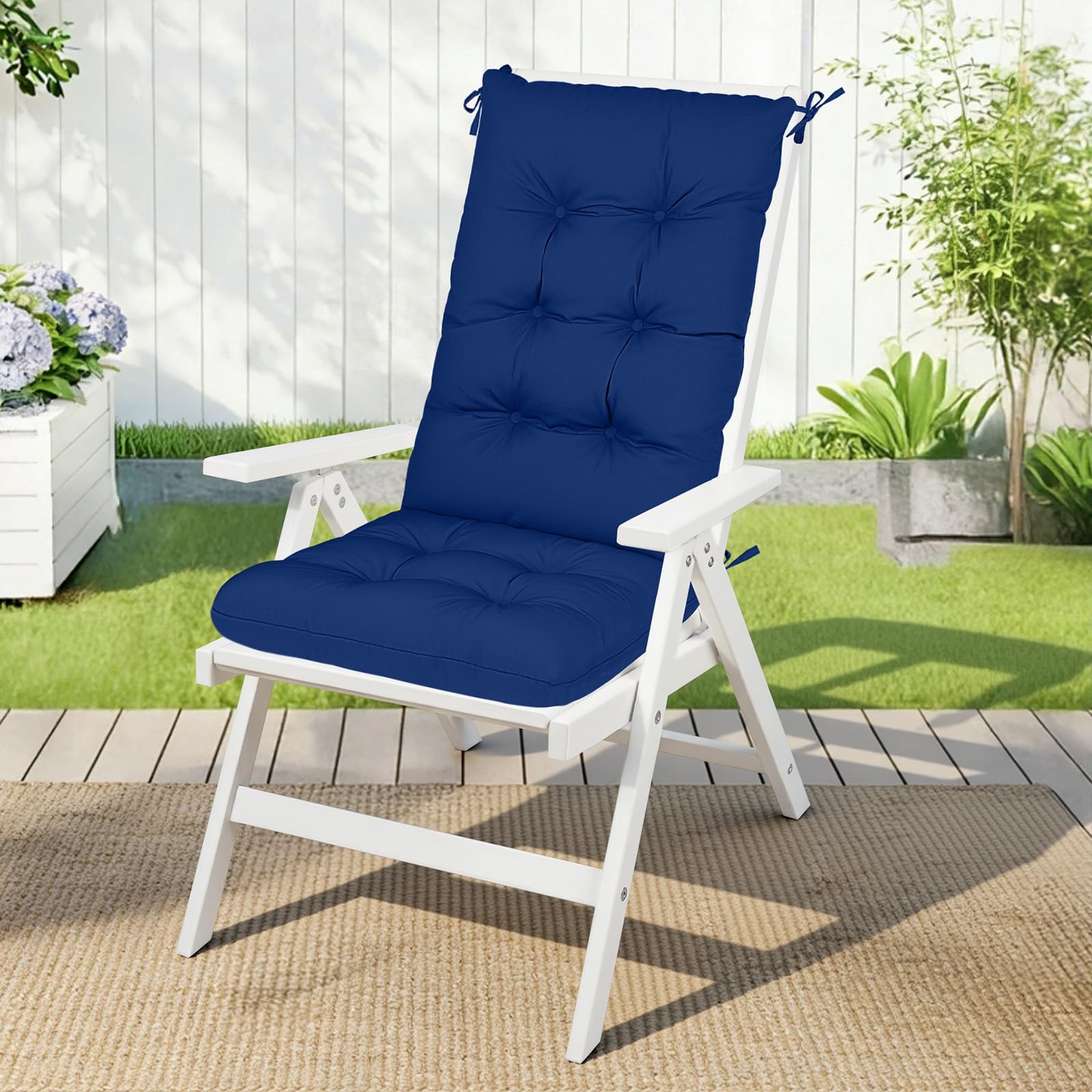 RIMEPATIO - Cuscino per sedia da esterno con schienale alto, 120 x 45 cm, spessore 8 cm, trapuntato, impermeabile, in rattan, con legacci, per sedie da giardino e patio, sedie a sdraio, blu