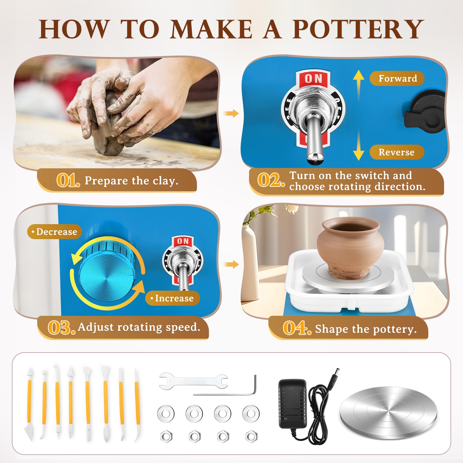 Töpferscheibe, Kooeuru Töpferscheibe Elektrisch 2000 U/min Einstellbare Geschwindigkeit, Pottery Wheel mit 10/6,5 cm Großen Platten, Formwerkzeugen, Töpferscheibe Kinder und Erwachsene (Blau)