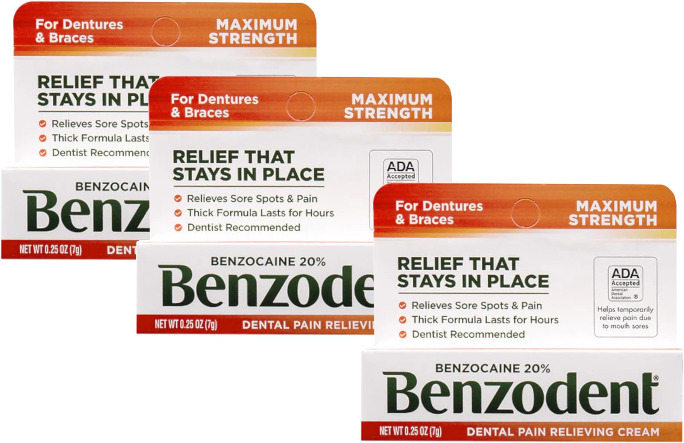 Dental Pain Relieving Cream – Benzocaine 20% for Dentures & Braces, 0.25 oz (Pack of 3)