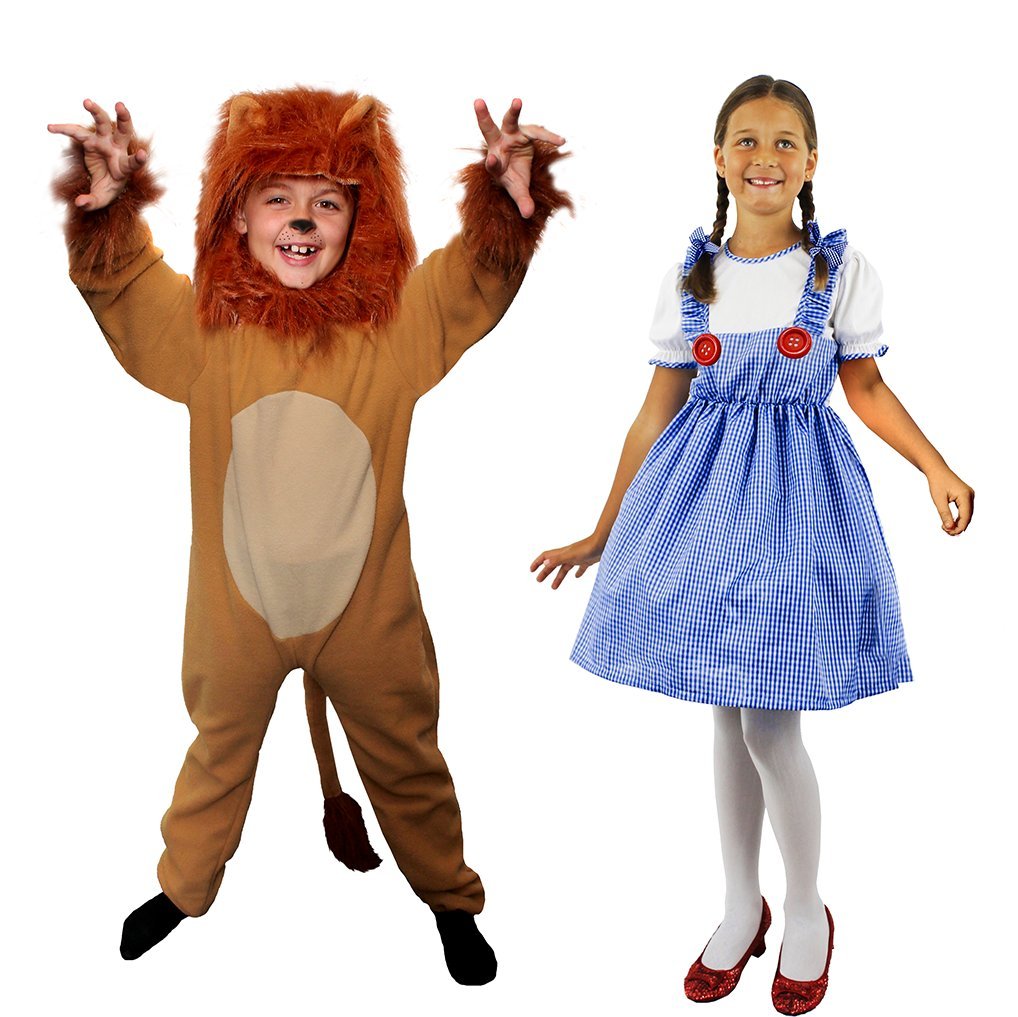 Costume de Kansas pour fille et lion avec : robe vichy bleu et blanc avec de grands boutons en plastique rouge, coiffe assortie et 2 grenouillères avec capuche séparée (S et XL)