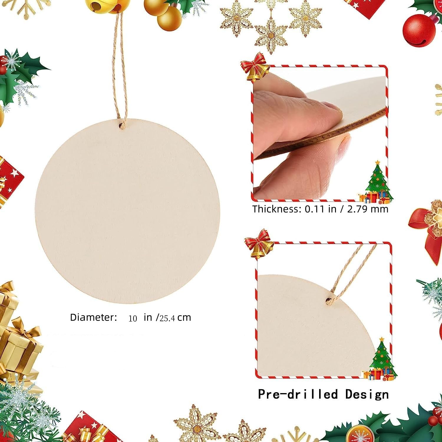6 pezzi di diametro di 25,4 cm ornamenti natalizi in legno, dischi in legno con fori per fai da te, ornamenti in legno grezzo vuoto, decorazioni natalizie, decorazioni da appendere