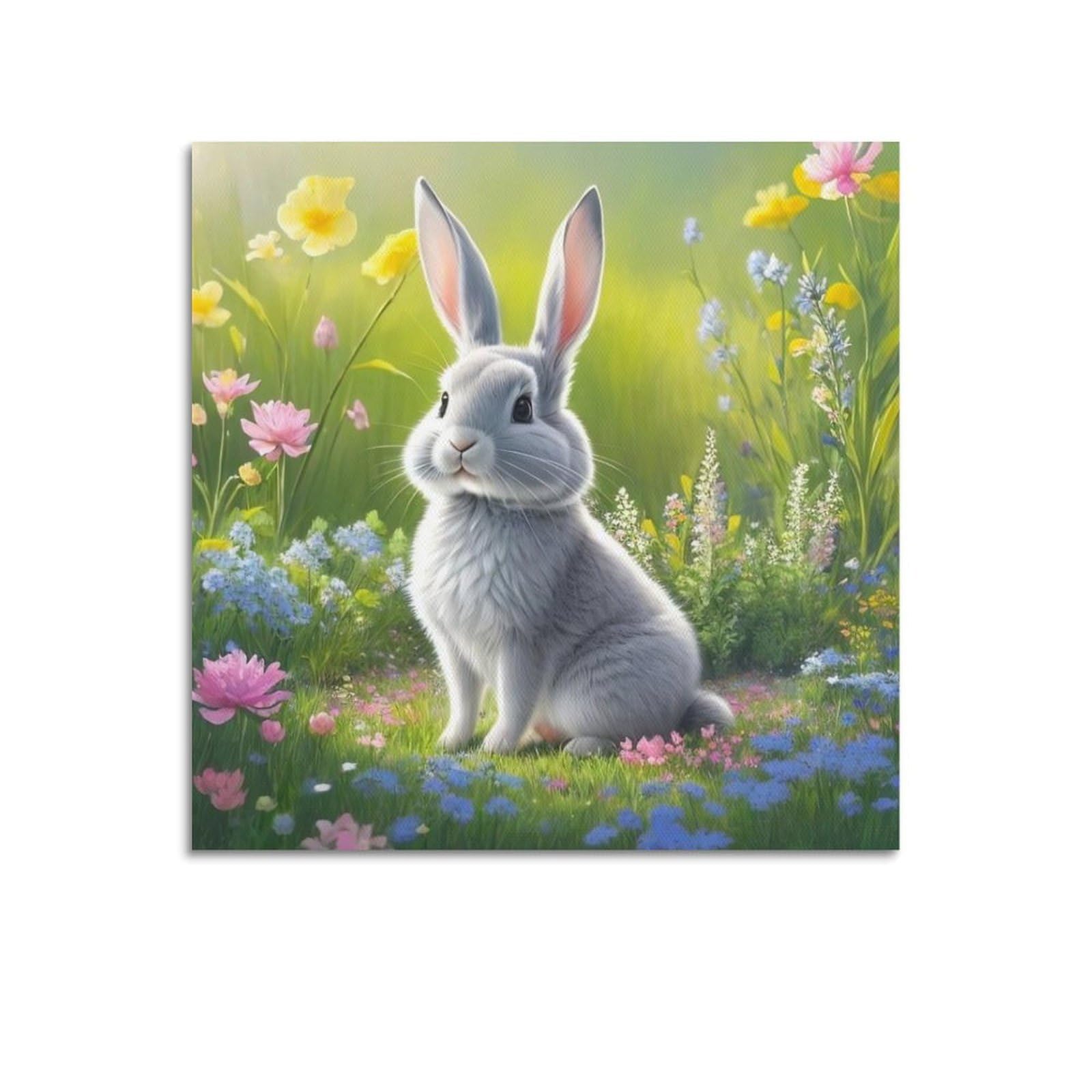 WZKTCL Animal Poster Bunny on The Prairie Poster Decorative Painting Canvas Wall Posters And Art Picture Print Modern Family Bedroom Decor Posters 20x20inch(50x50cm)