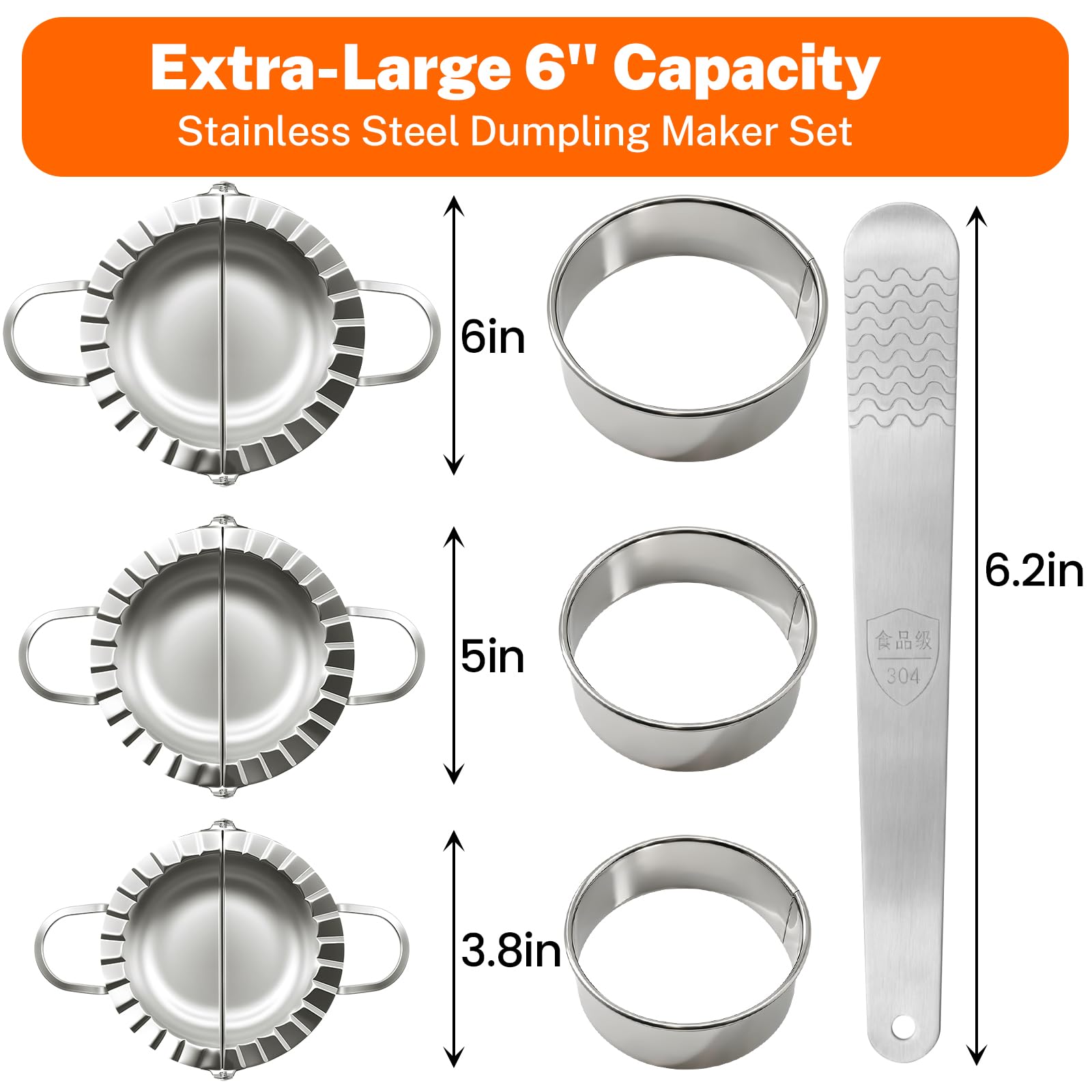 3-in-1 Teigtaschen- und Empanada-Maker-Set aus Edelstahl, professionelle Pressform in 3 Größen (9,7 cm, 12,7 cm, 15,2 cm) und Teigschneider, Füllschaufel, spülmaschinenfest für einfache Reinigung