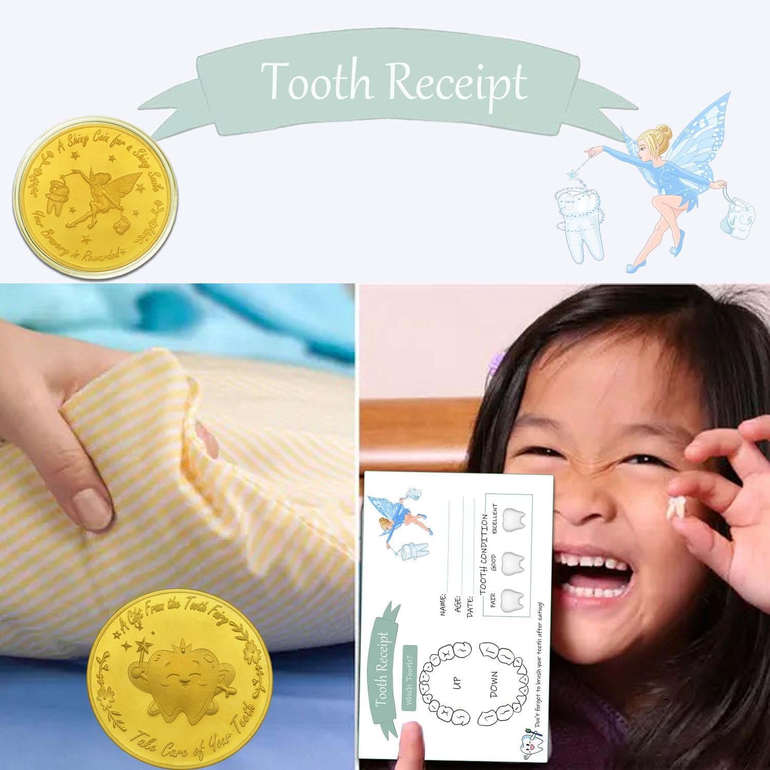 Tooth Fairy Coins - 10 Golden Coins, Certificates & Door Hangings for Boys & Girls Tooth Loss Reward