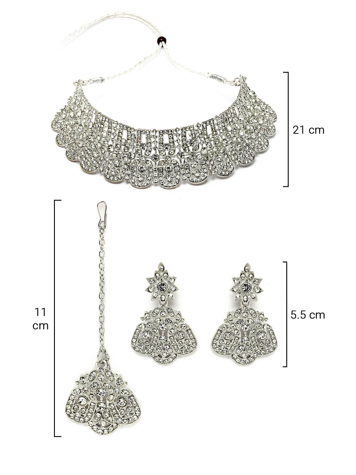 Rhodium Plated AD Stones Choker Necklace Set with Earring and Maangtika