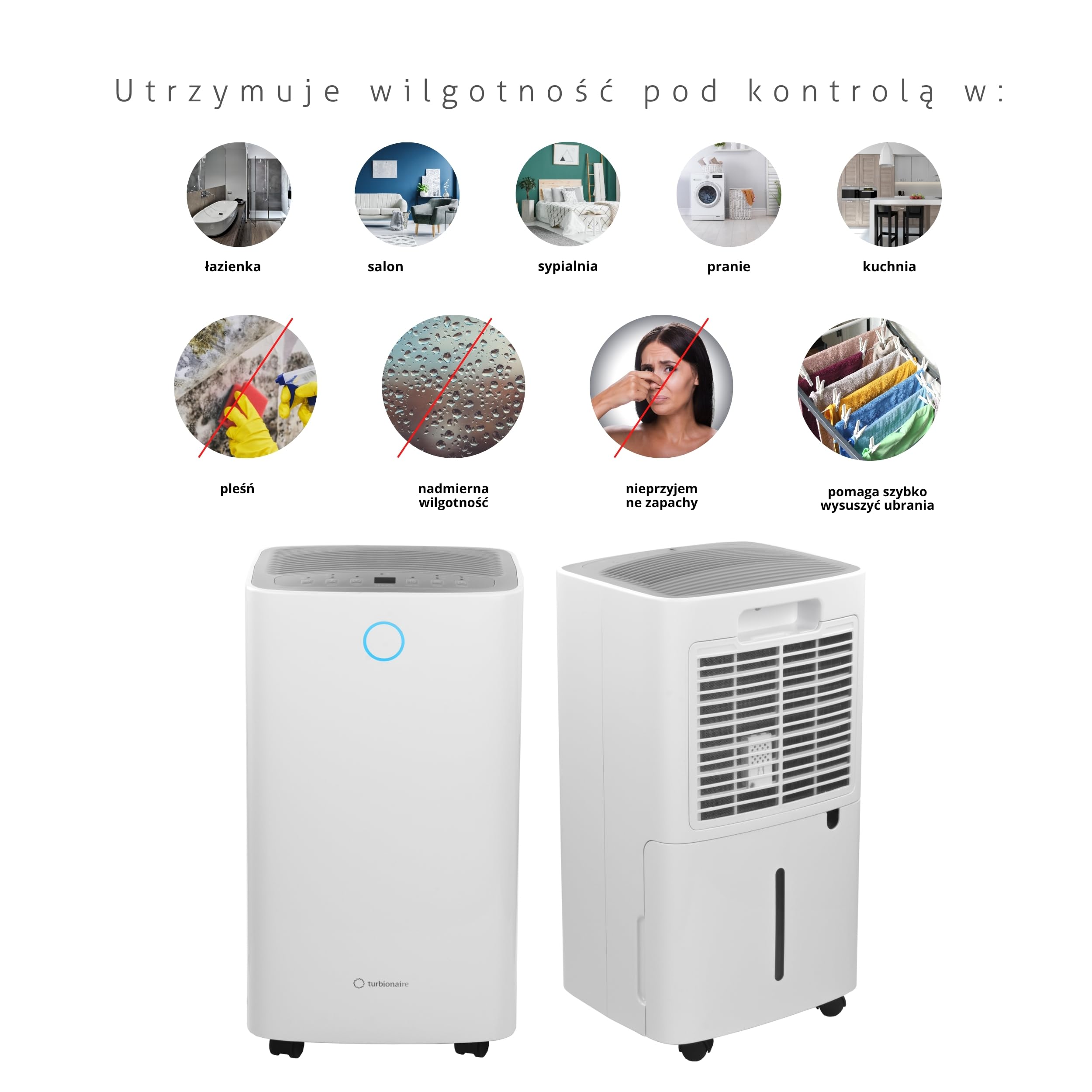 Osuszacz i Oczyszczacz Powietrza Turbionaire SENSO 13 WiFi Clean, 13 L/24h, Filtr HEPA + Węgiel Aktywny T-Clean, WiFi, Cichy 36 dB, Zbiornik 2 L, 120 m³/h, Wskaźnik Wilgotności, Timer