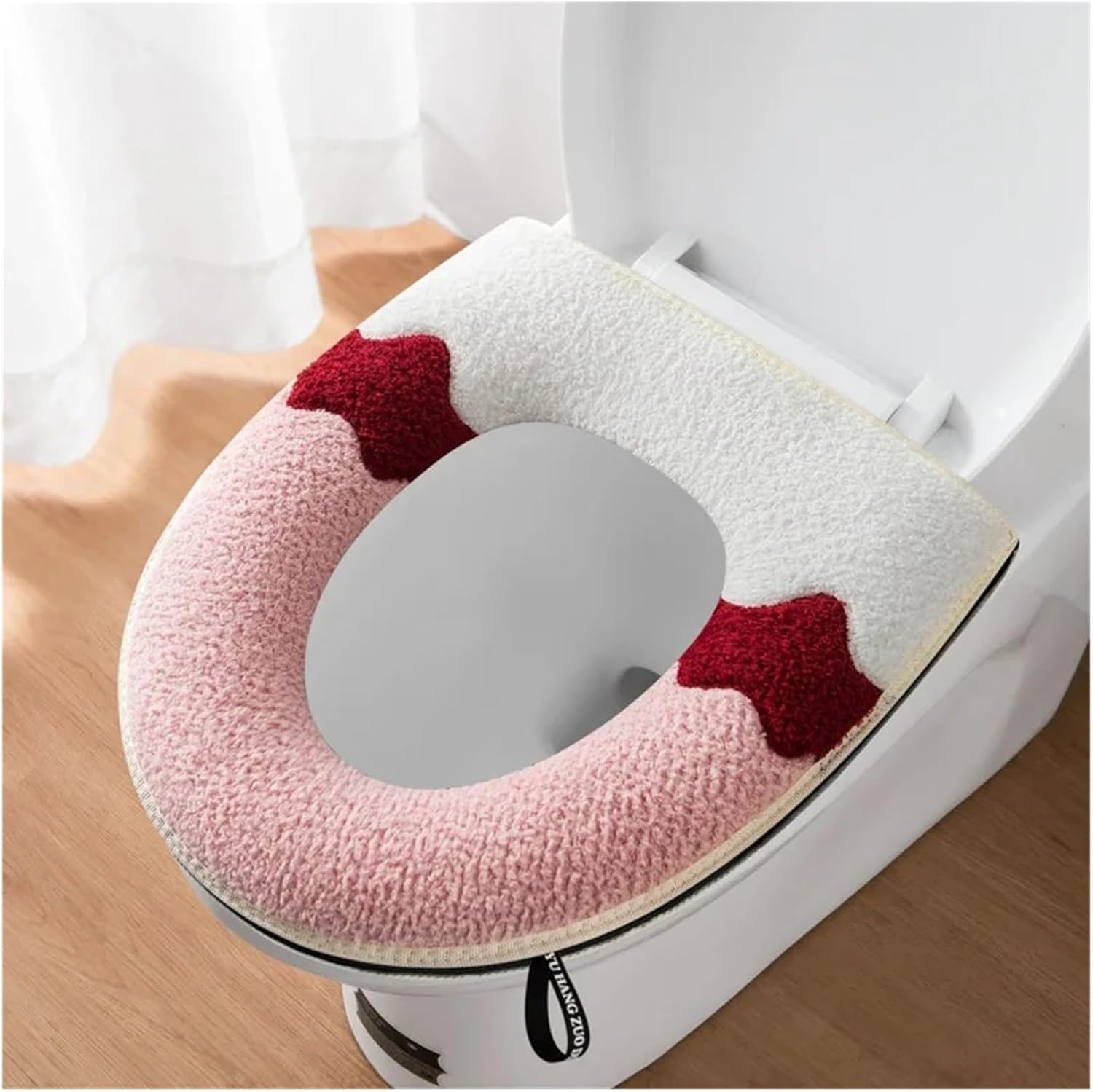 Waterproof Plush Toilet Seat Cover, Universal Model, Ring, Washable, Zipper, Bathroom Mat, Decorative(Pink)