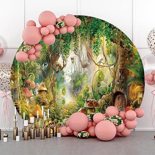 AOFOTO Fondo redondo de 7.2 x 7.2 pies con diseño de hongos del bosque de fantasía, cuento de hadas, árbol mágico encantado, selva encantada, país
