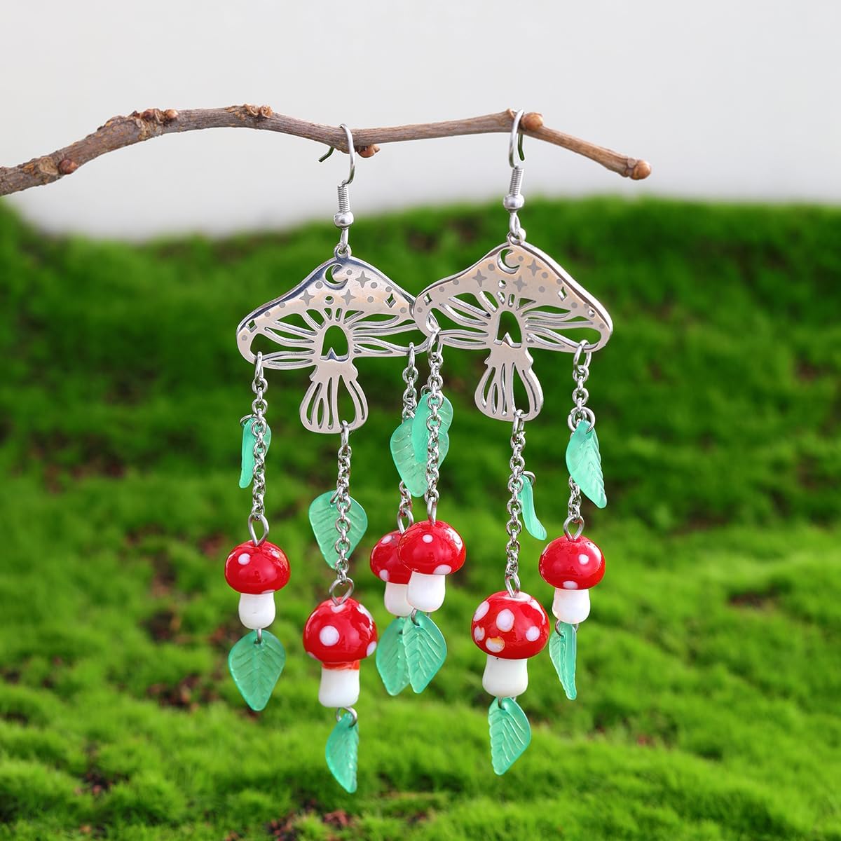 Whimsical Mushroom Dangle Earrings, Silver Tone with Red Caps and Green Leaves, Fantasy Forest Design - Image 4
