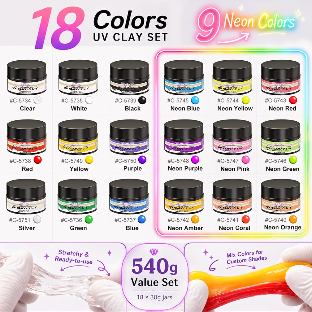 Ensemble d'argile de résine uv de gel moulable de mastic de modélisation 18 couleurs