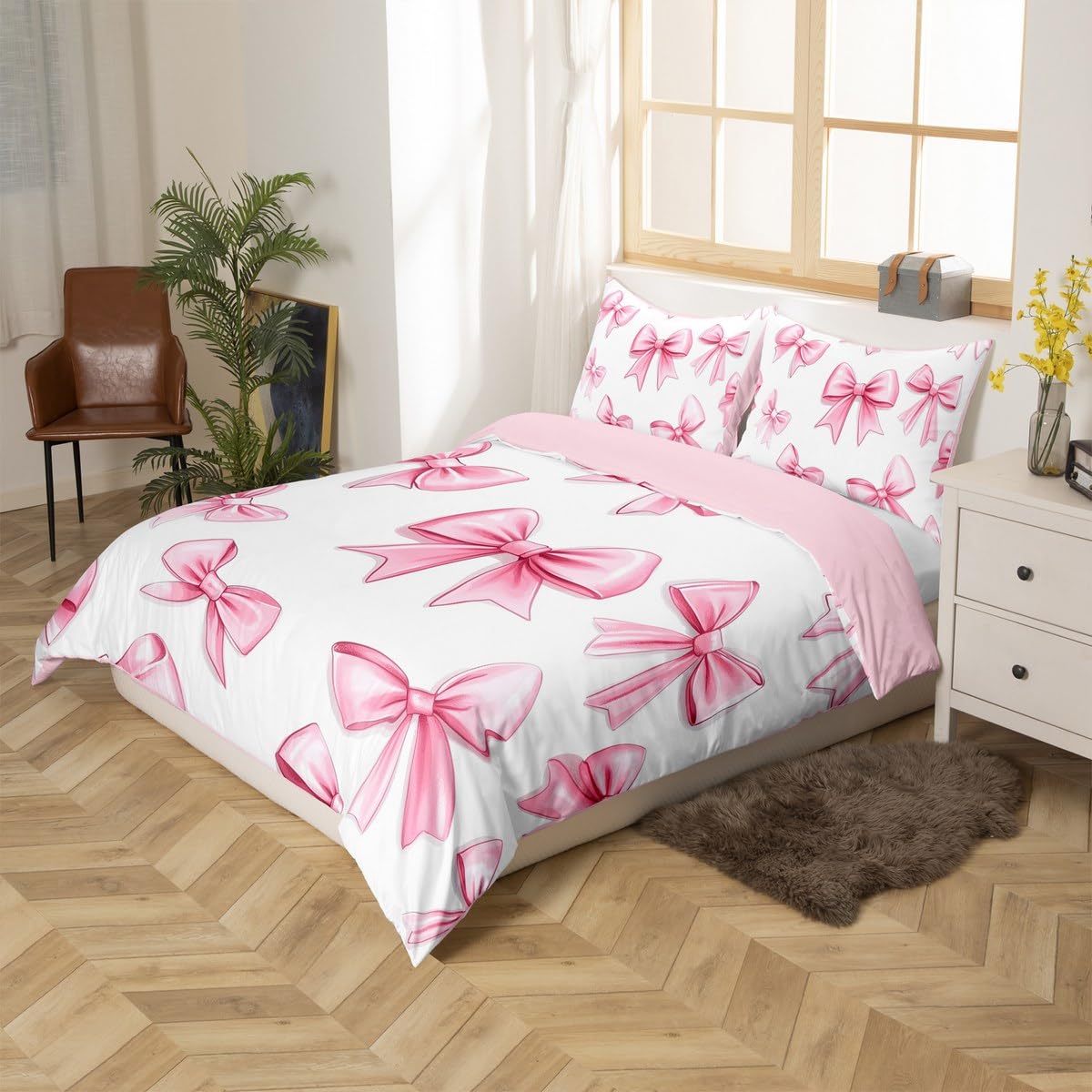 jejeloiu Kids Pink Bow Bedding Set Toddler Size, Girls Bowknot Duvet Cover Princess Decor Comforter Cover for Kids Boys Girls Kawaii Bedspread Cover Room Decor Zipper (No Comforter)
