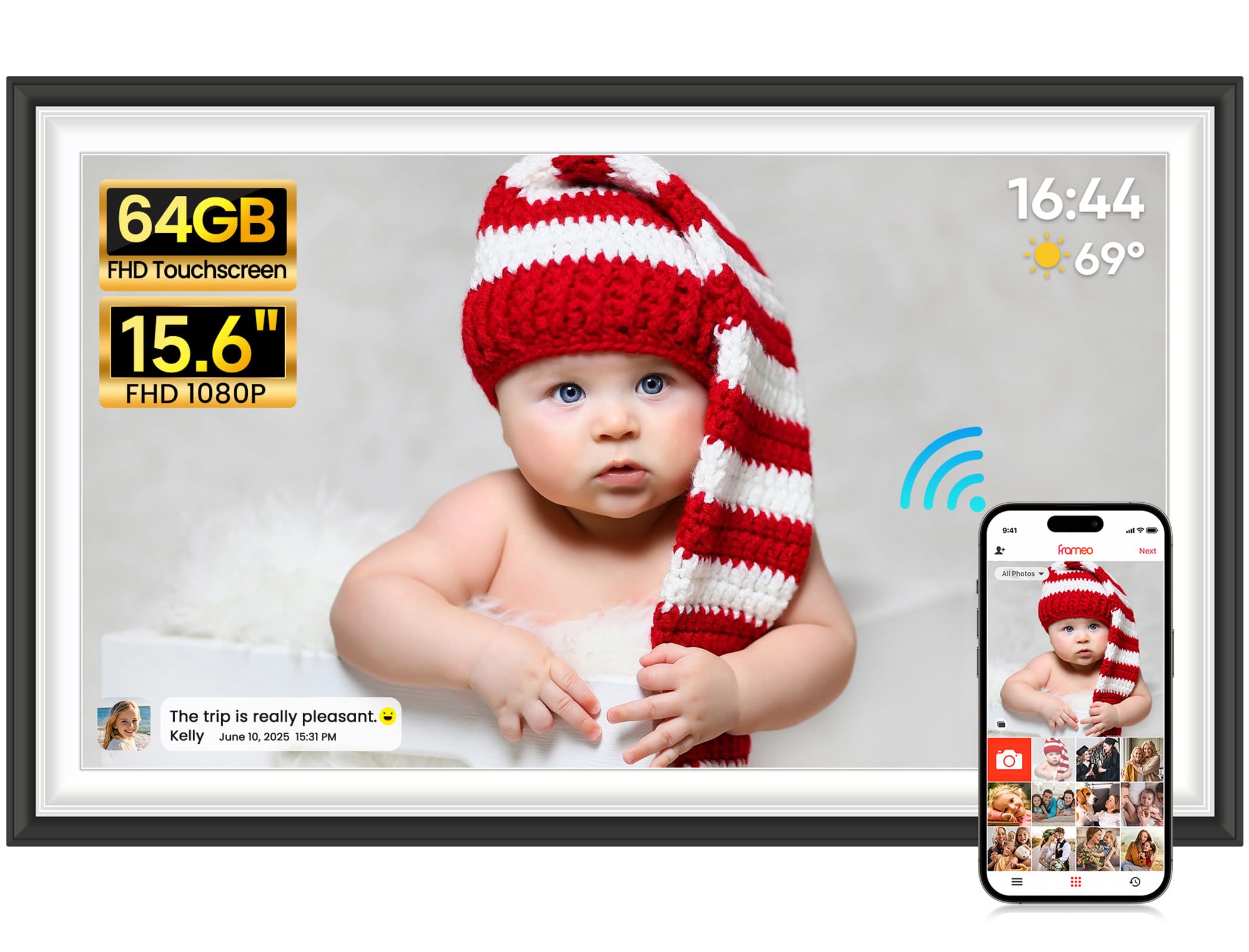 64GB FRAMEO 15,6 Zoll Digitaler Bilderrahmen -1920 * 1080P FHD IPS Touchscreen Digitale Bilderrahmen, Auto Rotation Elektronischer Fotorahmen, Teilen Sie Fotos/Videos Sofort
