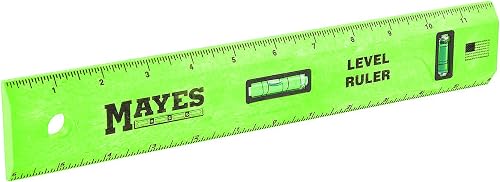 Mayes 10742 Polystyrene Level Ruler 12", Precision Measuring and Leveling Tool, Plumb and Level Vials with SAE and Center-Finding Scale, for Framing, Hanging, Made in the USA