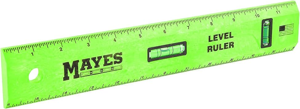 Mayes 10742 Polystyrene Level Ruler 12", Precision Measuring and Leveling Tool, Plumb and Level Vials with SAE and Center-Finding Scale, for Framing, Hanging, Made in the USA