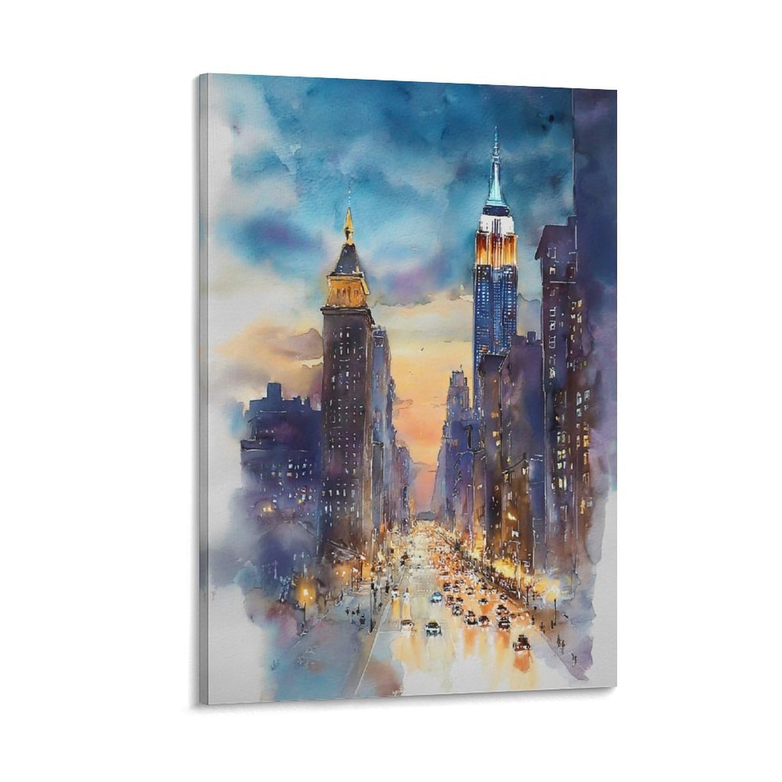 XWYMXZ NYC Skyline Watercolor New York 24x36inch(60x90cm) Vintage Travel Poster Watercolor Canvas Art