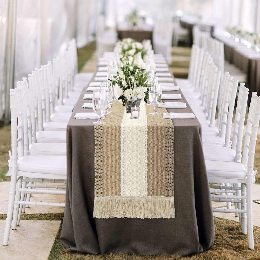 OurWarm Macrame Table Runner Farmhouse Style, Rustic Splicing Woven Cotton Boho Table Runner with Tassels for Bohemian Wedding Bridal Shower Modern Farmhouse Kitchen Dining Table Decor, 12 x 108 Inch