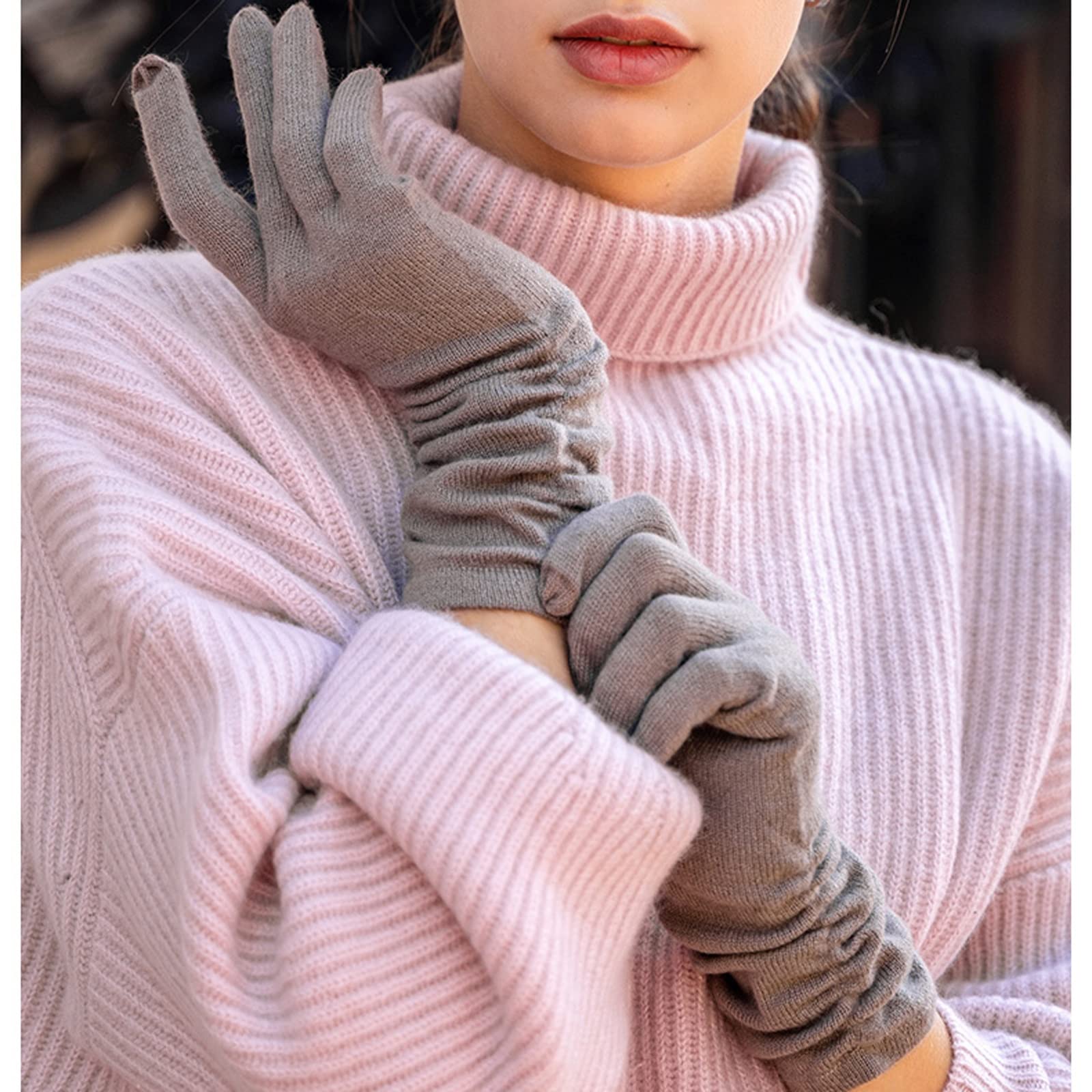 Guantes Invierno Mujer Señoras de Punto Guantes de Dedo otoño Invierno cálido Medio Longitud táctil Guantes Plisados Guantes Esqui (Color : A)