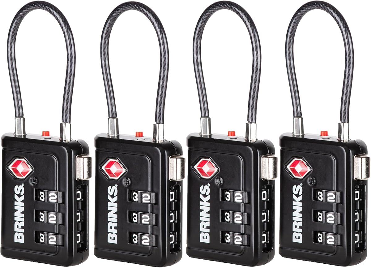 Brinks TSA Accepted Indicator Luggage Lock, Black - Resettable 3-Dial Combination, 1.5 inch Long Cable Shackle, New More Secure TSA008 Key, 4 Pack