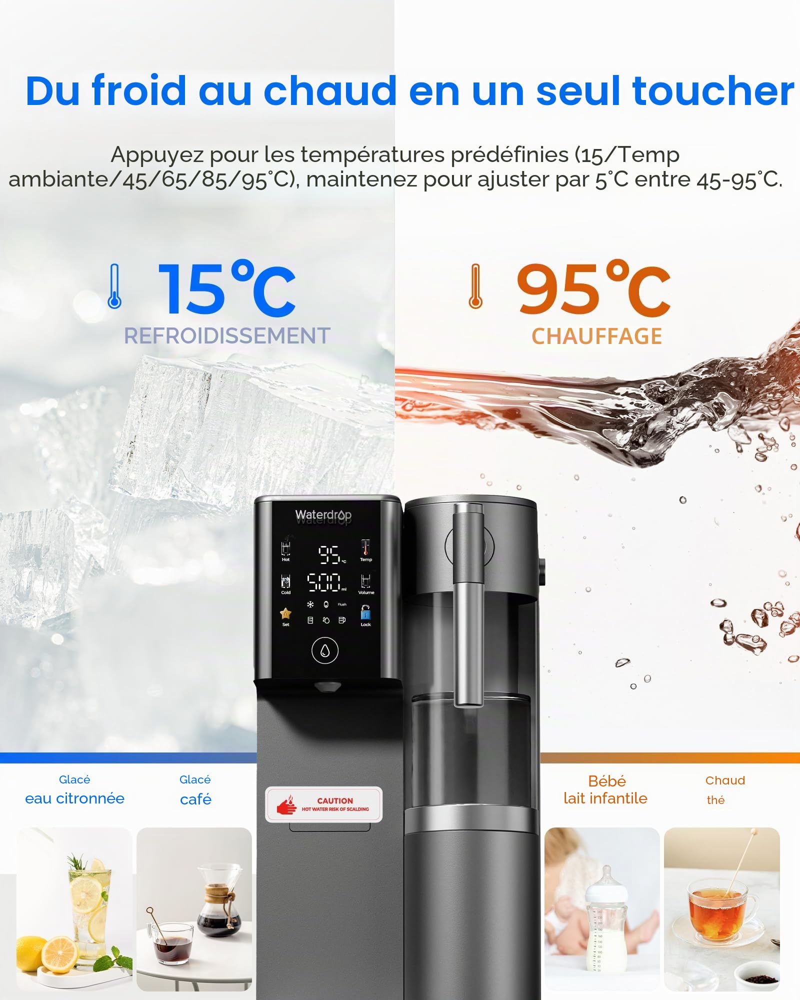 Waterdrop WD-A2G Système d’Osmose Inverse de Comptoir Minéralisée, Eau Chaude et Froide, Fontaine Sans Bouteille, Réservoir Portable, 6 Températures, Ratio 3:1