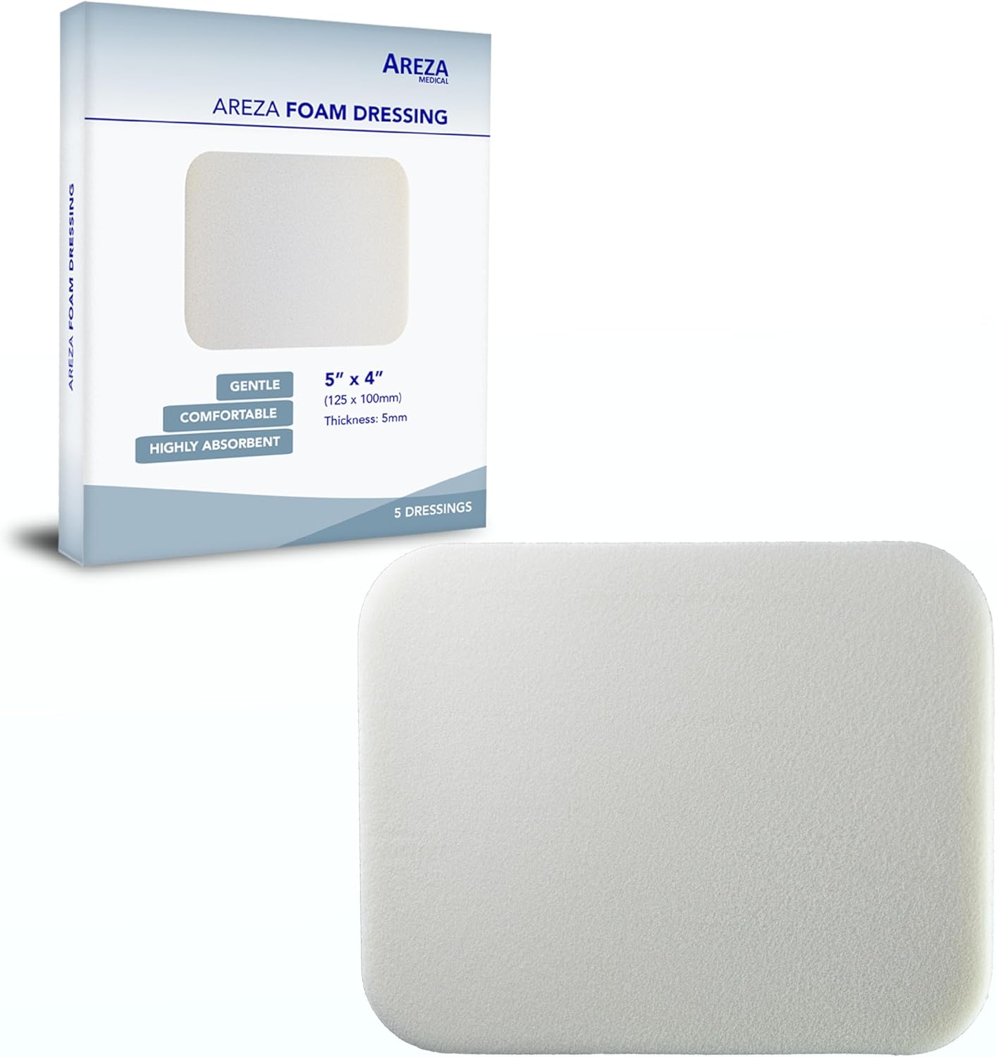 Areza Medical - Foam Wound Dressing - Polyurethane - Sterile - 5" x 4" (12.5 cm x 10 cm) - 5 PCS