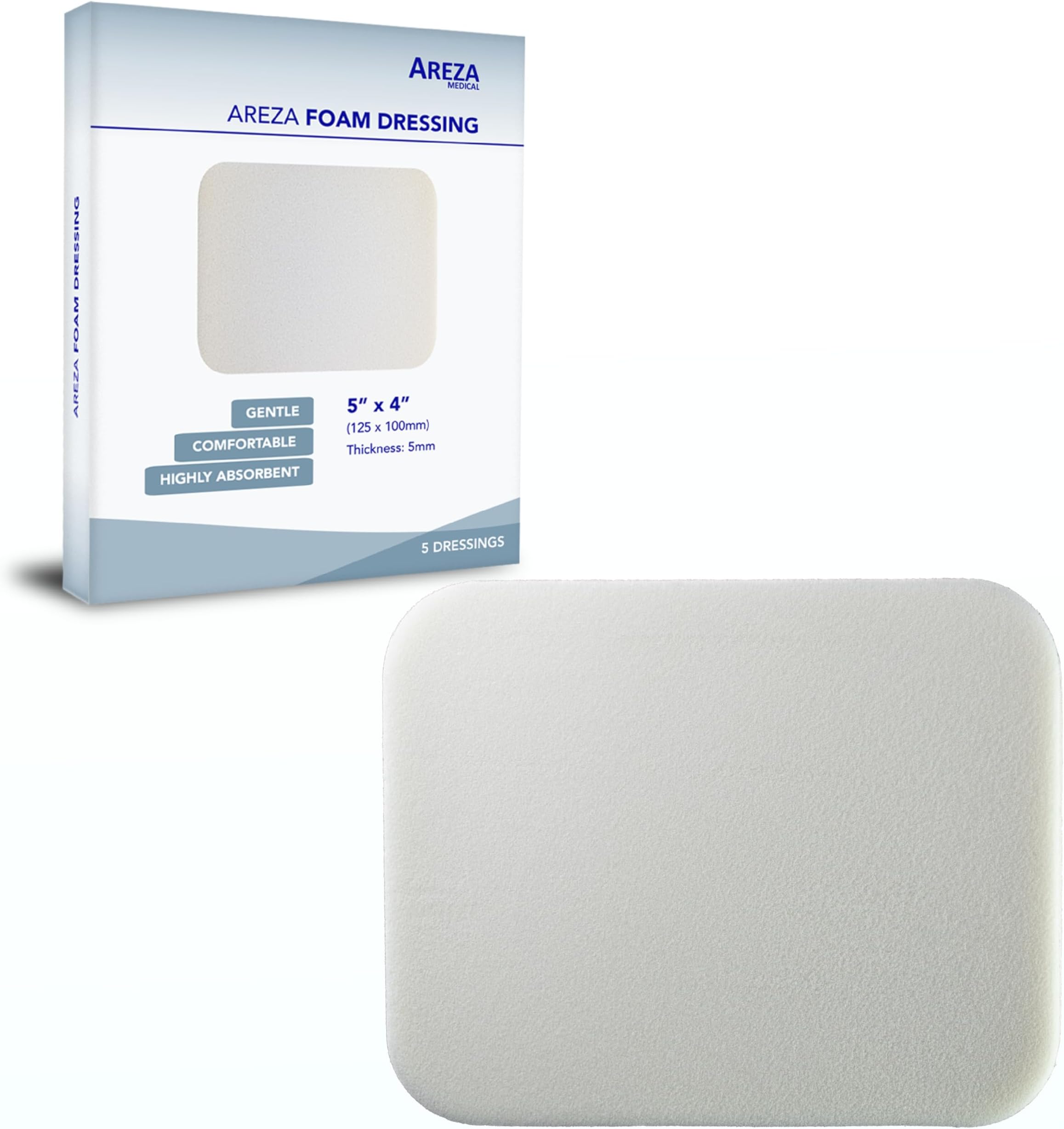 Areza Medical Foam Dressing Polyurethane 5"x4" 12.5 cm X 10 cm Box of 5 Sterile (1)