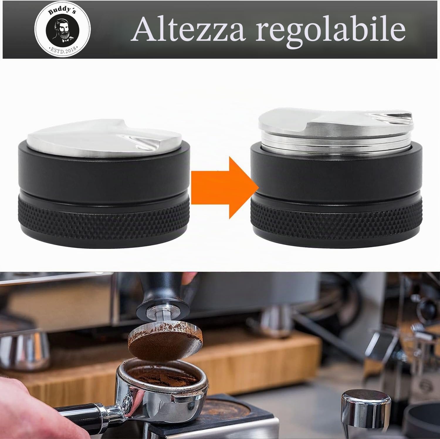 Buddy's Bar - Barista Edition, distributore di caffè, diametro 58 mm, altezza 3,5 cm, ausilio per il livellamento in acciaio inossidabile e alluminio, accessorio per baristi
